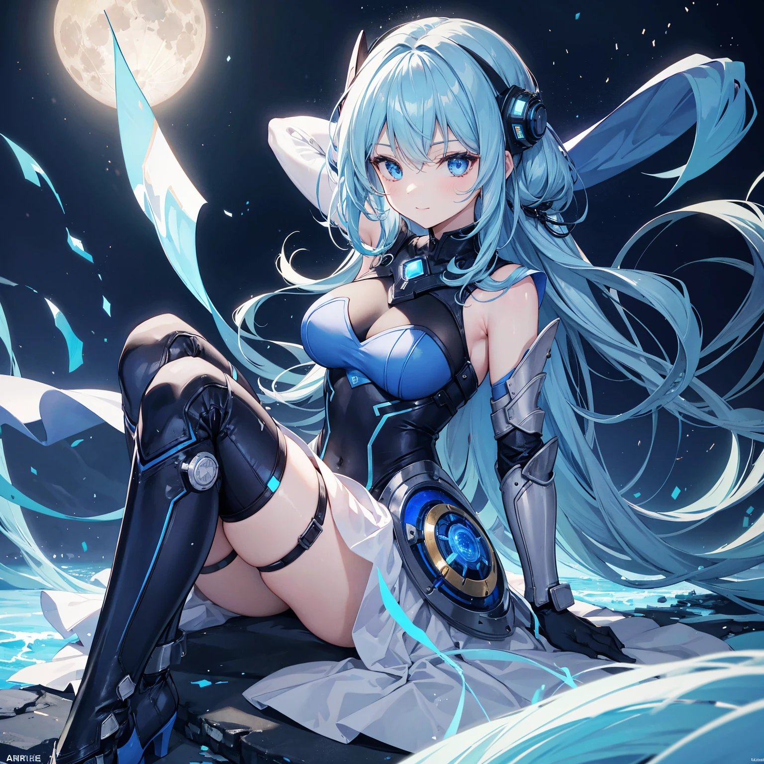 8k, highest quality, (real:1.4), Original photo, 1 girl, Asari Hair, Biological Amplifier, refined armor, posture: Peace talks between warring factions, smart blue eyes,A modest smile、Knee-high boots、Blue big moon and blue light swirl in the background、Blue light from behind、blue light magic