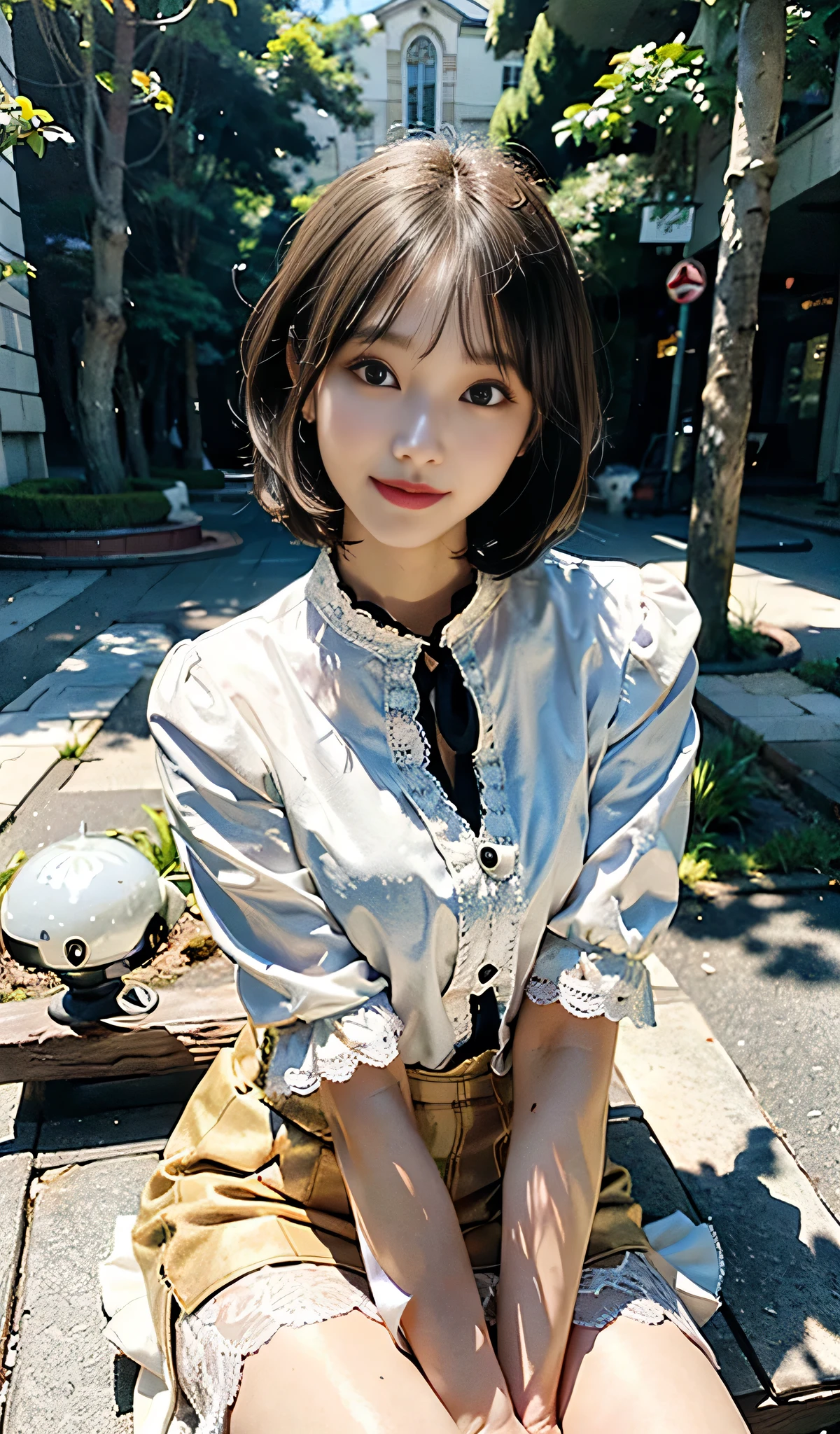 sunny day, Elegant photo of a girl in a blazer dress, (Puffy eyes:1.05), (White lace shirt), Platinum brown hair, (Angled Bob:1.4), Flat bangs, (Flowing hair), smile, Happy, happiness, Skin with attention to detail, Skin pores, A beautiful innocent symmetrical face, Long eyelashes, Black eyeliner, Light gold eyeshadow,(Sit on a bench), Crossed_feet, Emotional, Wind, garden, wood, Grass, masterpiece, highest quality, Realistic,Bobcut