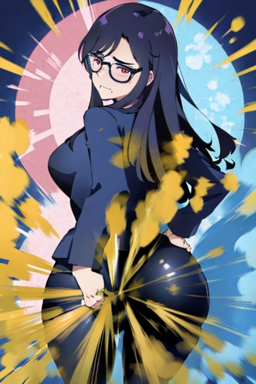 Minakata Hizuru, wearing default outfit, black outfit, default hair, black hair, wearing black suits, farting, massive fart, yellow smoke, fart, blush, clenching teeth, yellow fart, velocity, bending body, farts from ass