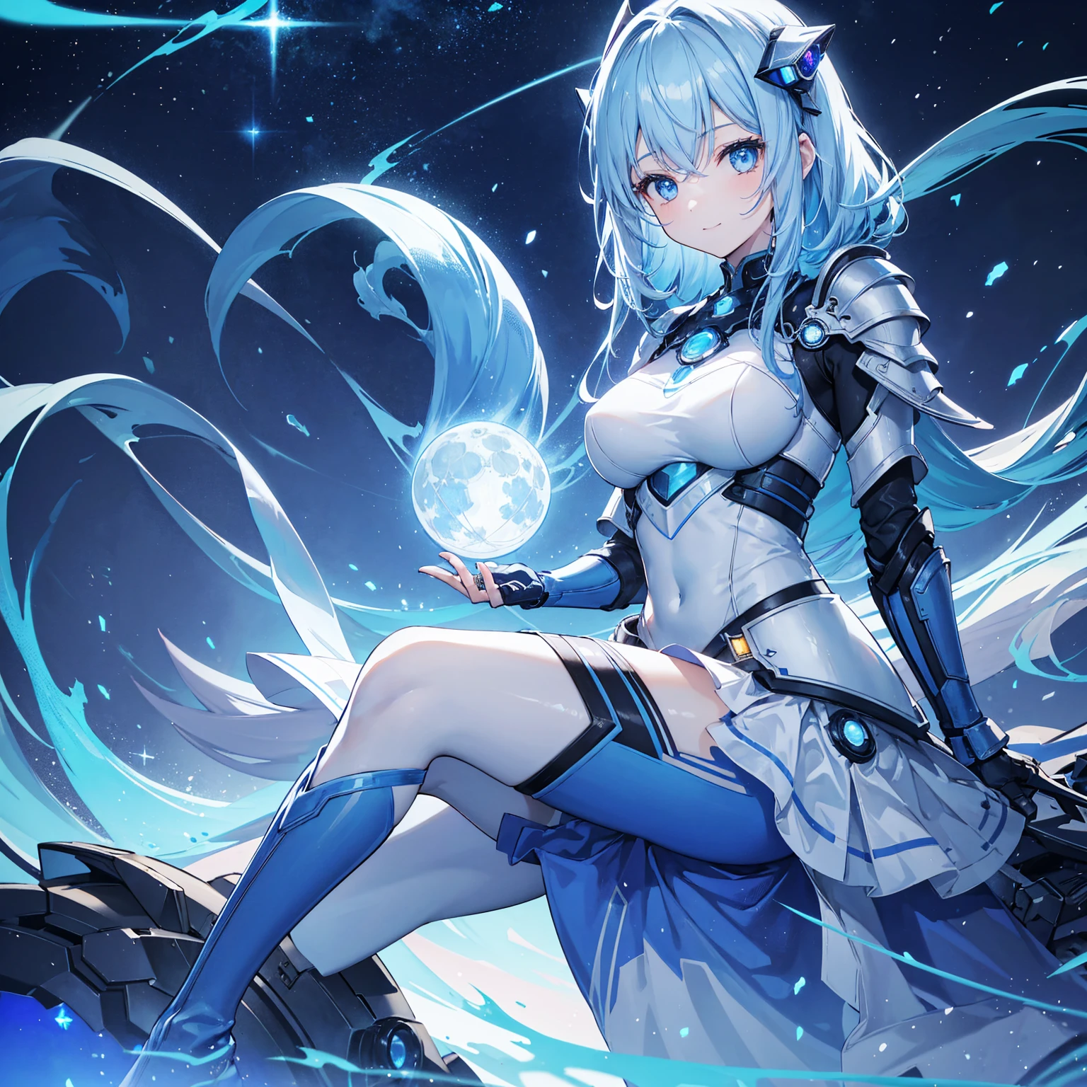 8k, highest quality, (real:1.4), Original photo, 1 girl, Asari Hair, Biological Amplifier, refined armor, posture: Peace talks between warring factions, smart blue eyes,A modest smile、Knee-high boots、Blue big moon and blue light swirl in the background、Blue light from behind、blue light magic