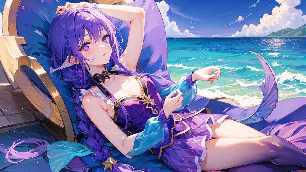 Anime girl with long purple hair sitting by the pool drinking, Guviz-style artwork, Guviz, beautiful and seductive anime woman, seductive anime girls, Beautiful anime girl, Beautiful anime woman, a beautiful anime portrait, Detailed digital anime art, attractive anime girls, Extremely detailed Artgerm, Anime girl with long hair