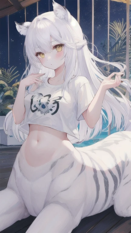 (best quality, masterpiece), 1 girl, centaur, It takes, White skin, belly button t-shirt, 아름다운 소녀 perfect white tiger photo, perfect white tiger photo