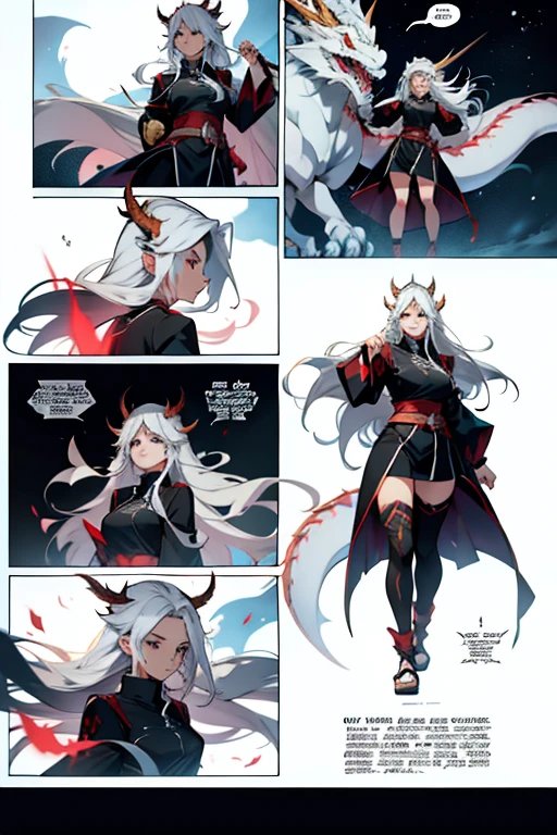 Anime girl with long white hair, stabbing a dragon, full body shots, manga page with panels and dialogue