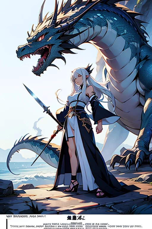 Anime girl with long white hair, stabbing a dragon, full body shots, manga page with panels and dialogue 