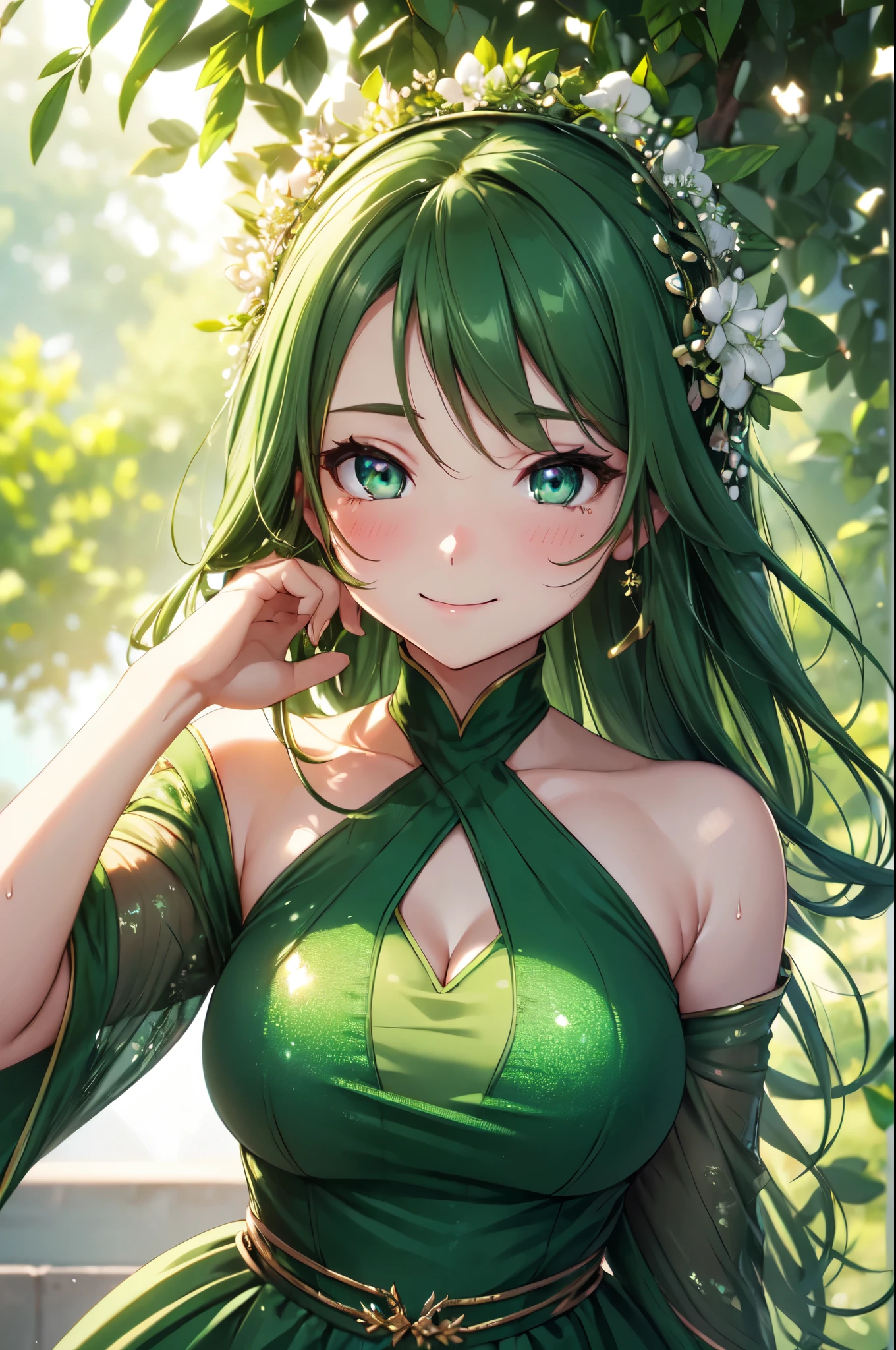(Best Quality,4k,8K,hight resolution,Masterpiece:1.2), Ultra-detailed, (Realistic,photoRealistic,photo-Realistic:1.37), Cute, Sexy, woman's, arm behind back, green hair, green colored eyes, Clover tattoo, bright colours, soft-lighting, bokeh