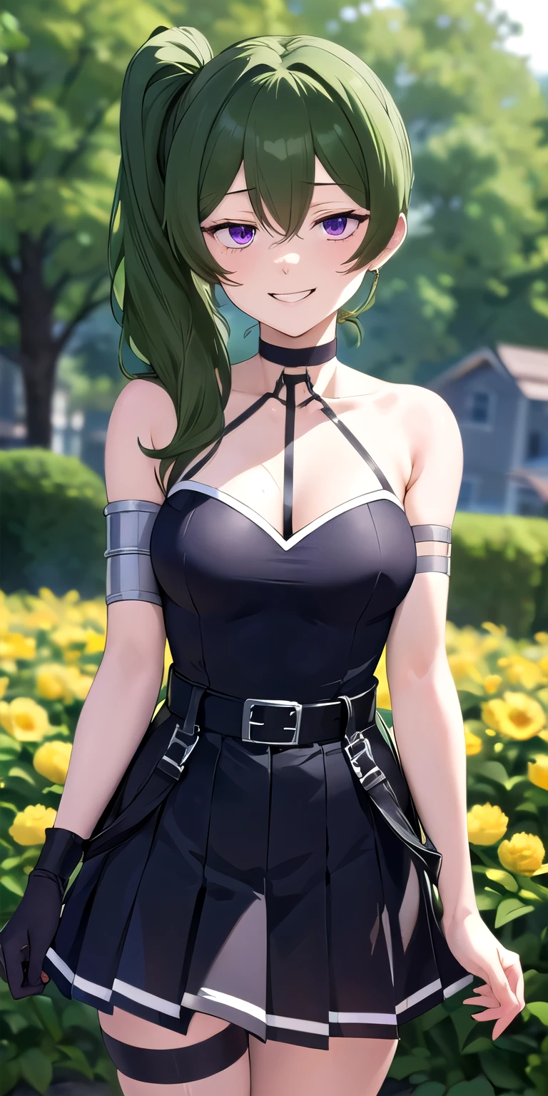 (masterpiece), best quality, (((ultra detailed, 8k quality))), expressive eyes, perfect face, perfect anatomy, perfect body, scene, UbelFrieren, purple eyes, side ponytail,
 black choker, arm strap, armlet, black dress, halter dress, belt, sleeveless, single glove, thigh strap,
grin, peeking out upper body garden, yellow flower, 
