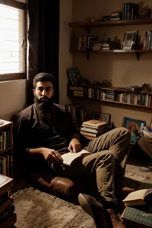 A brown, bearded Iraqi young man, 22 years old, in his room. He has a library and many books, reading a book