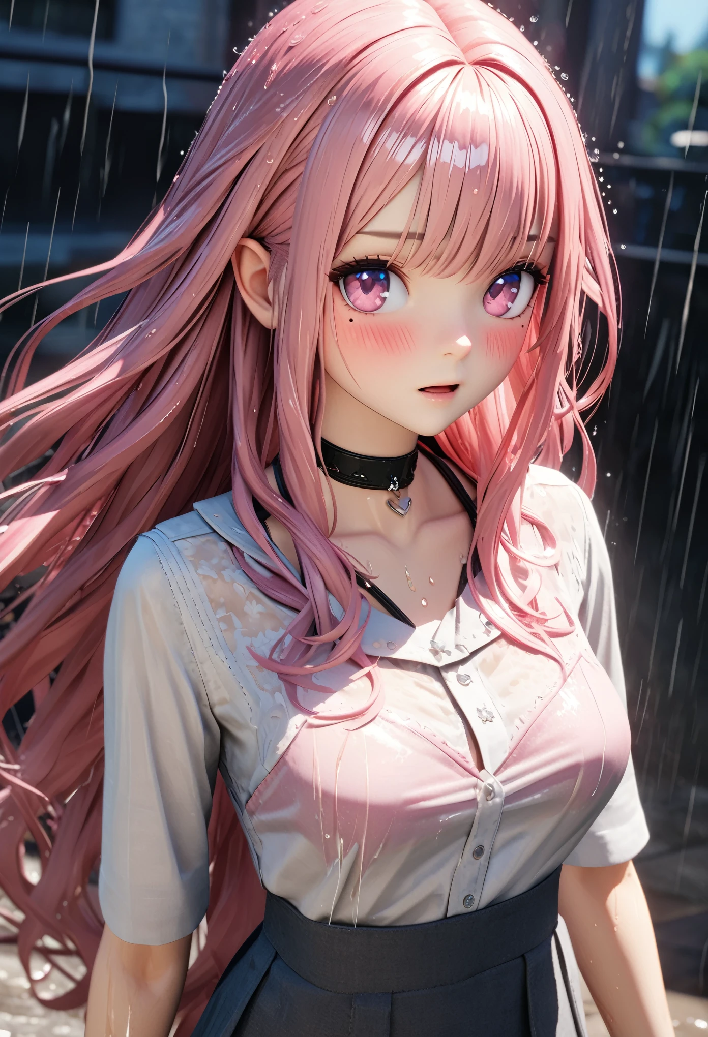 masterpiece, best quality, very detailed, high resolution, expensive resolution, high resolution, 4k, 8k, Unity 8k wallpaper, highly detailed CG, masterpiece, 2d, 3d, beautiful details, depth, fine texture, best quality: 1.3, perfect focus, crisp skin, him, rain, wet, wet clothes: 1.2 very cute anime girl, (white sheer bra visible through white blouse wet from pouring rain), large breasts, expensive pink medium long hair, 1 girl, rain, (raindrops dripping from wet hair, sheer white bra visible through thin blouse wet from rain), mole under eye, looking at viewer, expensive, blush, mole, open lips, heart, pink eyes, choker
