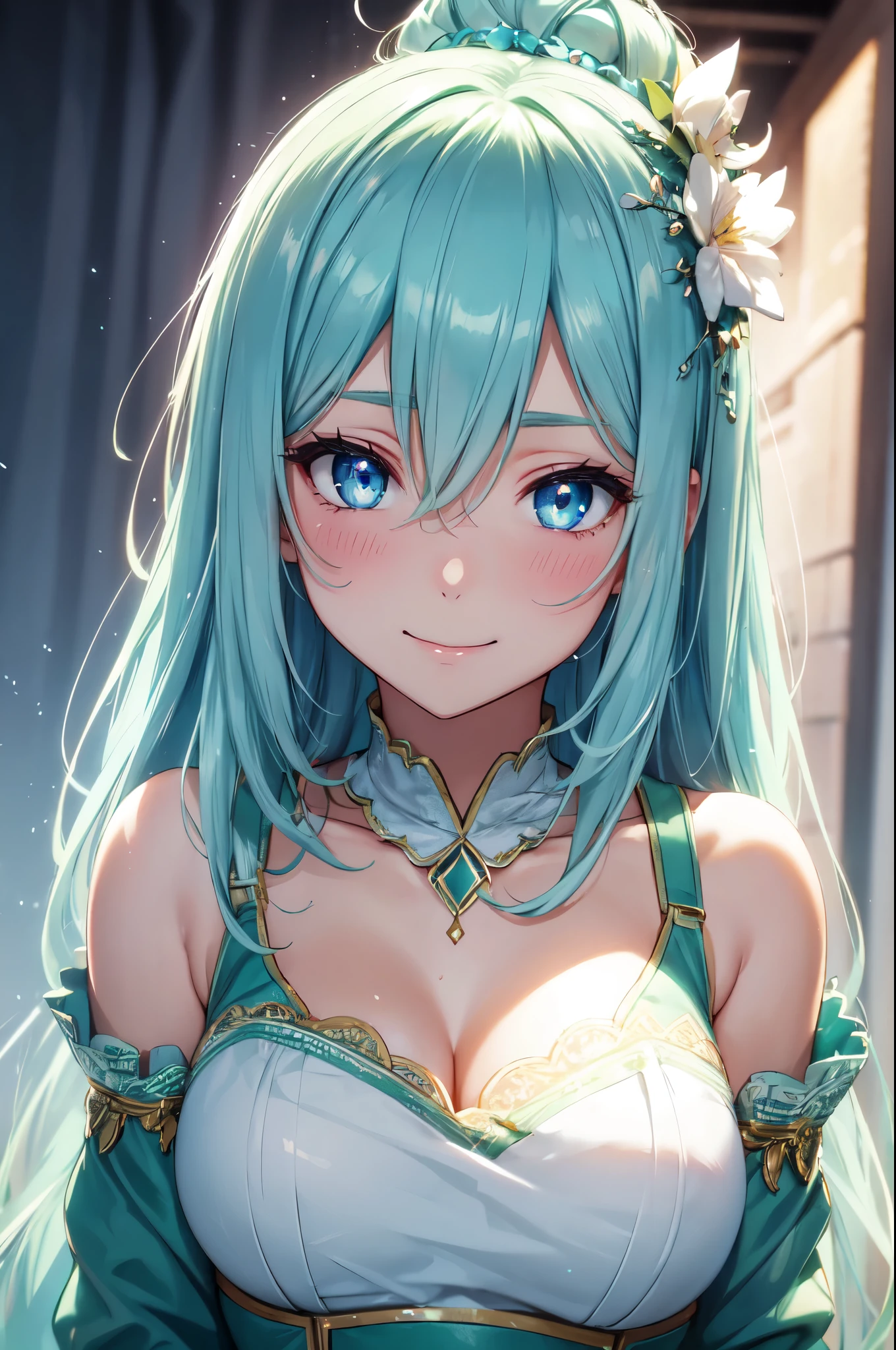 (High quality, High resolution, Fine details), BREAK Green gradient dress, solo, curvy adult women, BREAK light blue hair, sparkling eyes, (Detailed eyes:1.2), smile, blush, Sweat, Oily skin, bokeh, Soft tones, shallow depth of field