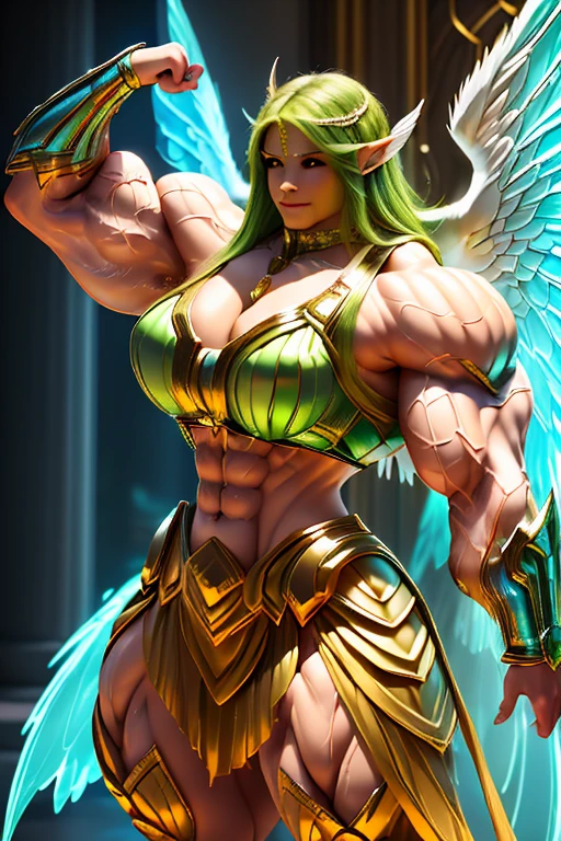 ((((Massive tall, beautiful, buff, light brown skinned muscular angel woman with green hair, huge angel wings, ginormous bulky muscles, flexing and wearing a beautiful white angel futuristic armor with pleated skirt)))), (close view), massive muscles, massive biceps, hyper muscle shoulders, massive muscle arms, vascular shoulders, hyper muscle triceps, huge angel wings, (long curvy hair), pleated skirt, orange eyes, choker, angel gauntlets, on top of a magical skyscraper in a mystical world, smile, hyper vascular arm, hyper muscles arms, hyper muscle legs, (massive arms).