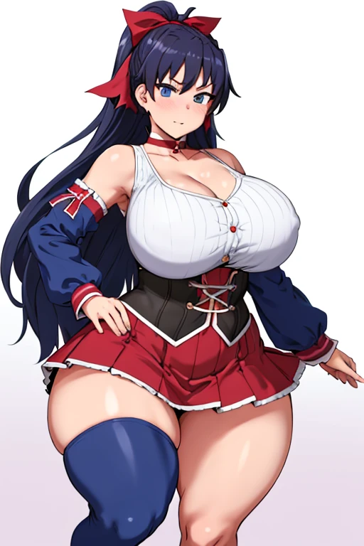 One Girl,Precise five fingers、{Knee-high socks}、(((Wide Hips)))、 (((plump and thick thighs)))、((Big Ass))、(Big Breasts) Embarrassed look,Short Stack、whole body、Sexy pose。blue eyes、Black Hair、quite long hair、Hair between the eyes、Hair Ribbon、Hello、choker、Idol Costumes、Sailor collar、Included sleeve、corset、Pleated skirt、Frilled Skirt