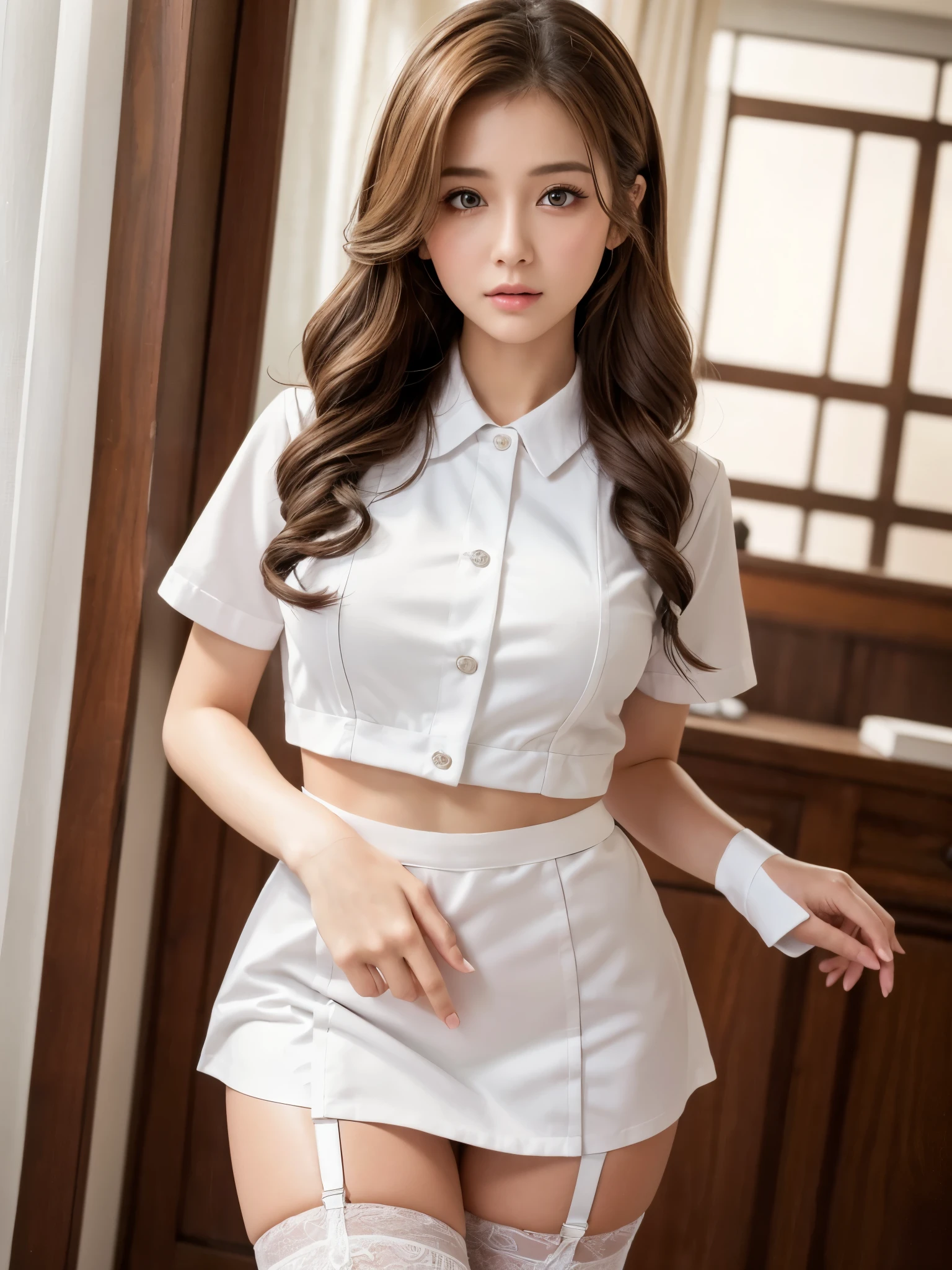 （Realistic:1.2）,(Masterpiece,highest quality)，8k,((One Woman)),20-year-old,Tight waist,Big Hips,Perfect Anatomy, Brown Hair, Wavy Hair,Random Hairstyles,Big beautiful breasts,((Highly detailed face and eyes))(Cute Face:1.4)，Beautiful actress face，Perfect golden ratio face，Women、Random sexy poses，Troubled face、(garter belt、White micro mini nurse uniform)