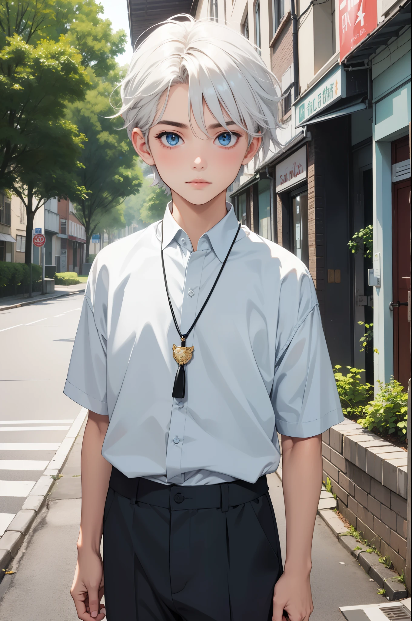 a really cute boy, age 5, shiny heavenly blue eyes, white lush hair, slightly tanned skin, in a school attire, green pendent, plain adorable look, looking at viewer, street in background