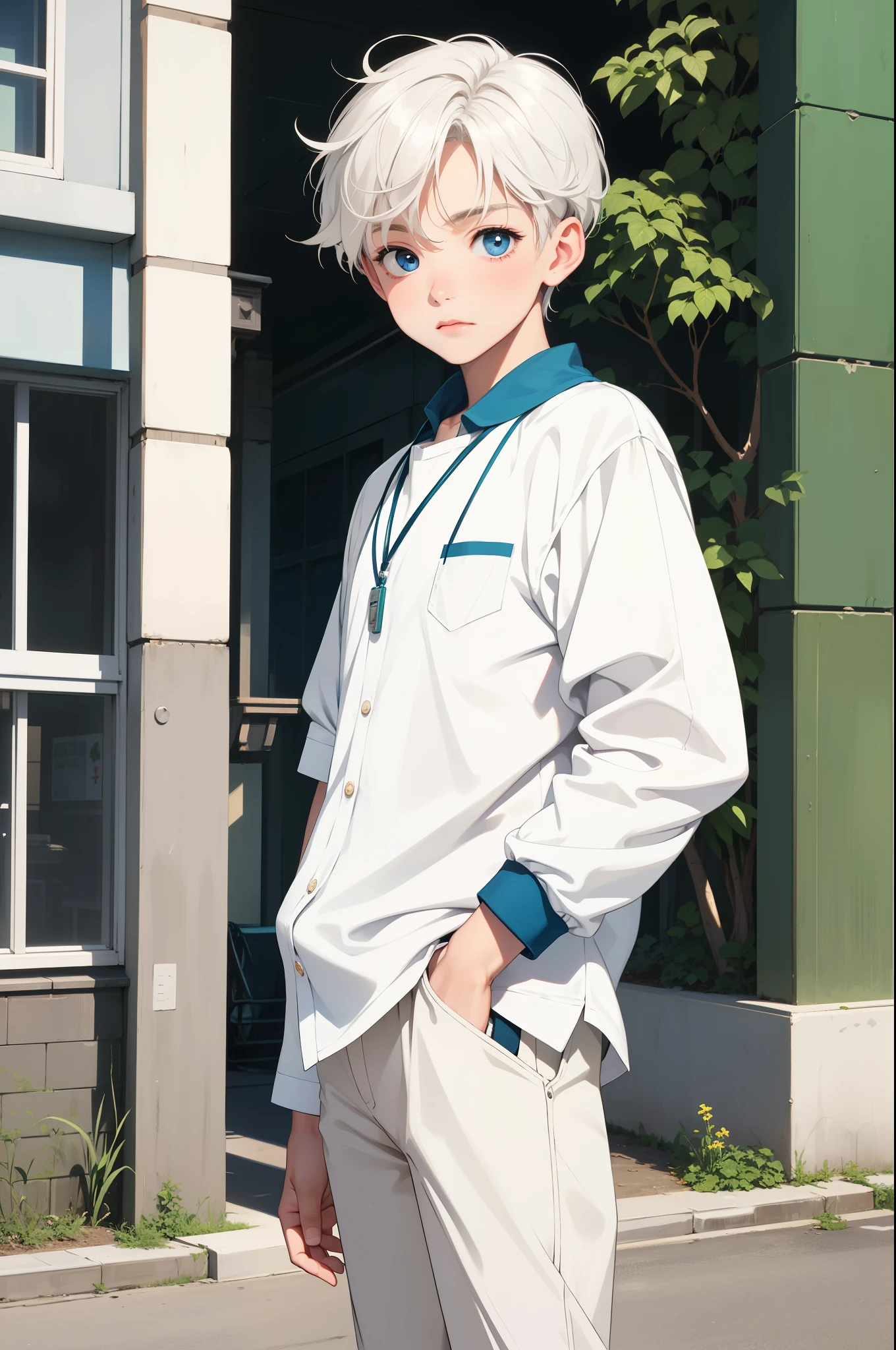 a really cute boy, age 5, shiny heavenly blue eyes, white lush hair, slightly tanned skin, in a school attire, green pendent, plain adorable look, looking at viewer, street in background