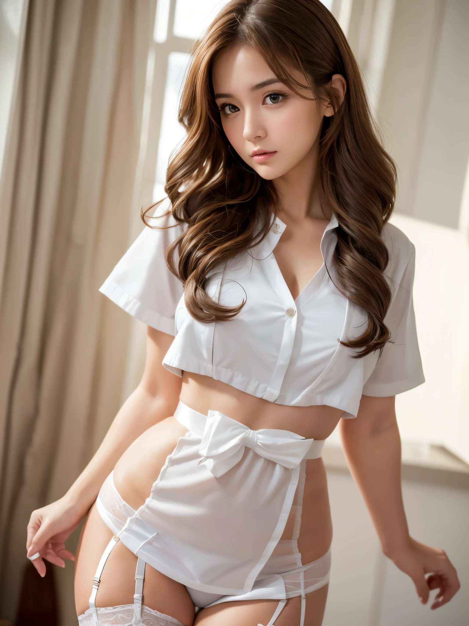 (Realistic:1.2),(Masterpiece,highest quality),8k,((One Woman)),20-year-old,Tight waist,Big Hips,Perfect Anatomy, Brown Hair, Wavy Hair,Random Hairstyles,Big beautiful breasts,((Highly detailed face and eyes))(Cute Face:1.4),Beautiful actress face,Perfect golden ratio face,Women、Random sexy poses,Troubled face、(garter belt、White micro mini nurse uniform)