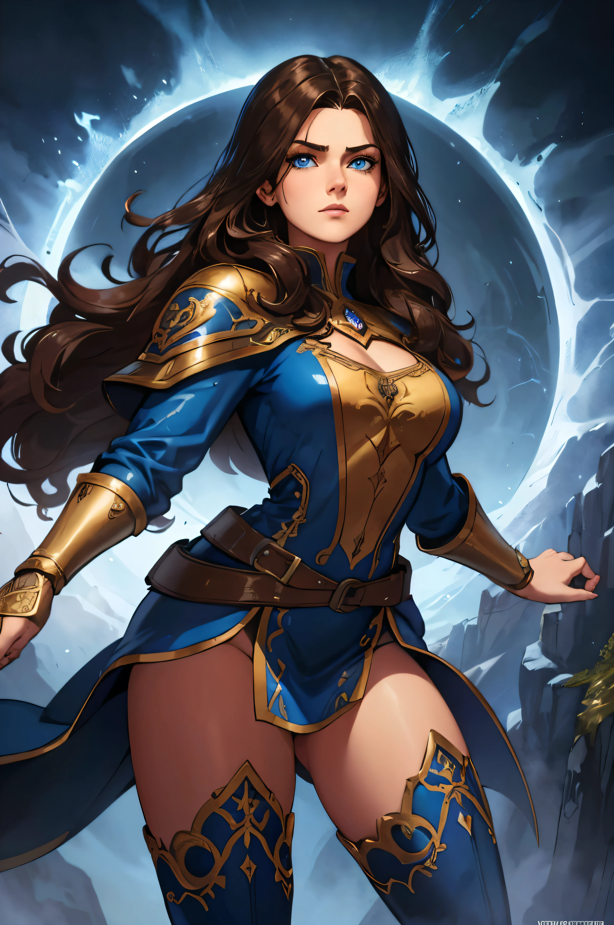 A woman with medium brown wavy hair, 20 years old, with beautiful blue eyes, medieval mage, medieval heroine, portrait, detailed face, digital painting, fantasy art, intricate details, cinematic lighting, dramatic lighting, elegant, highly detailed, masterpiece, photorealistic, hyper detailed, boots, in a castle