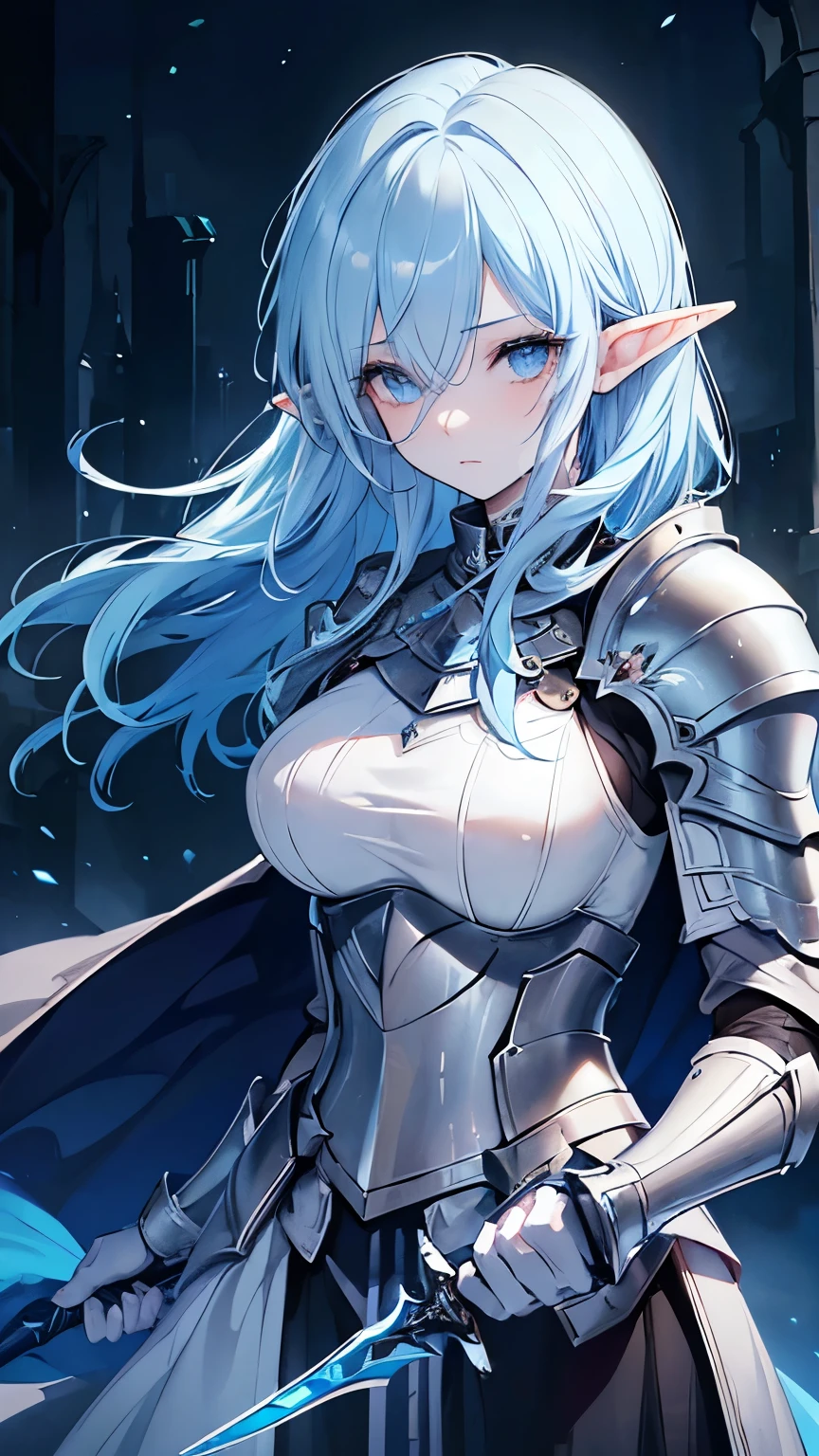 ((best quality)), ((masterpiece)), (detailed), perfect face, perfect detailed eyes, perfect detailed face, ultra-detailed nose, light blue hair, messy hair, hair over eyes, medium hair, forehead mark, pointy ears, cinematic lighting, chiaroscuro, elf, Female Knight, Elf Hero, (Wearing iron armor, Hold a dagger in right hand), cowboy shot