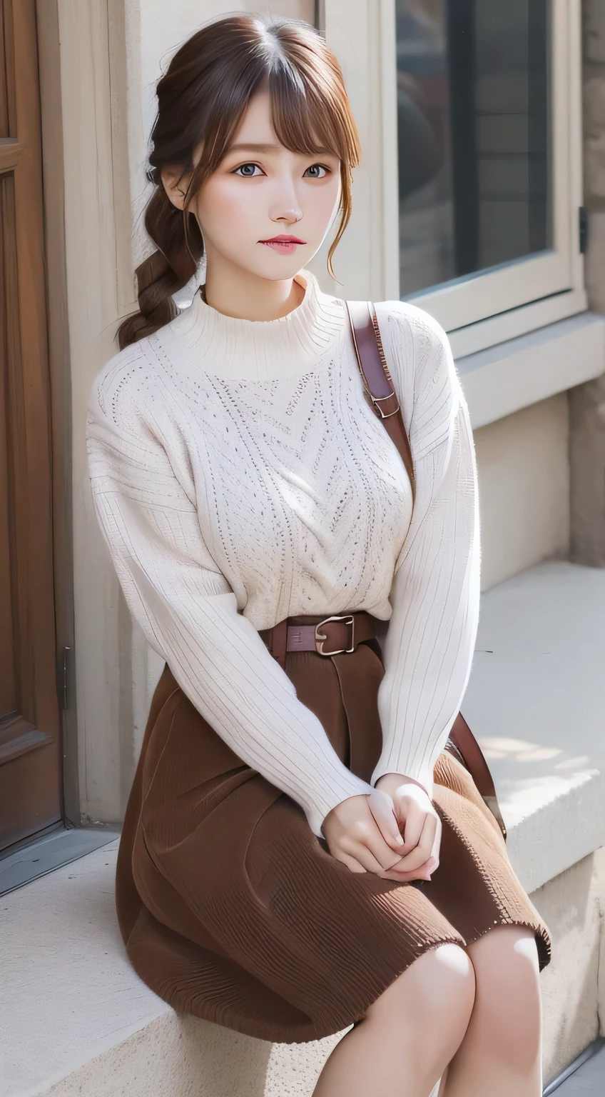 Feminine casual style portrait for autumn and winter。Model with soft curtain bangs and chestnut braid hair。She is a knitted sweater of lavender、Brown corduroy skirt、Wearing wine red ankle boots。Accessories include vintage brooches and leather watches。