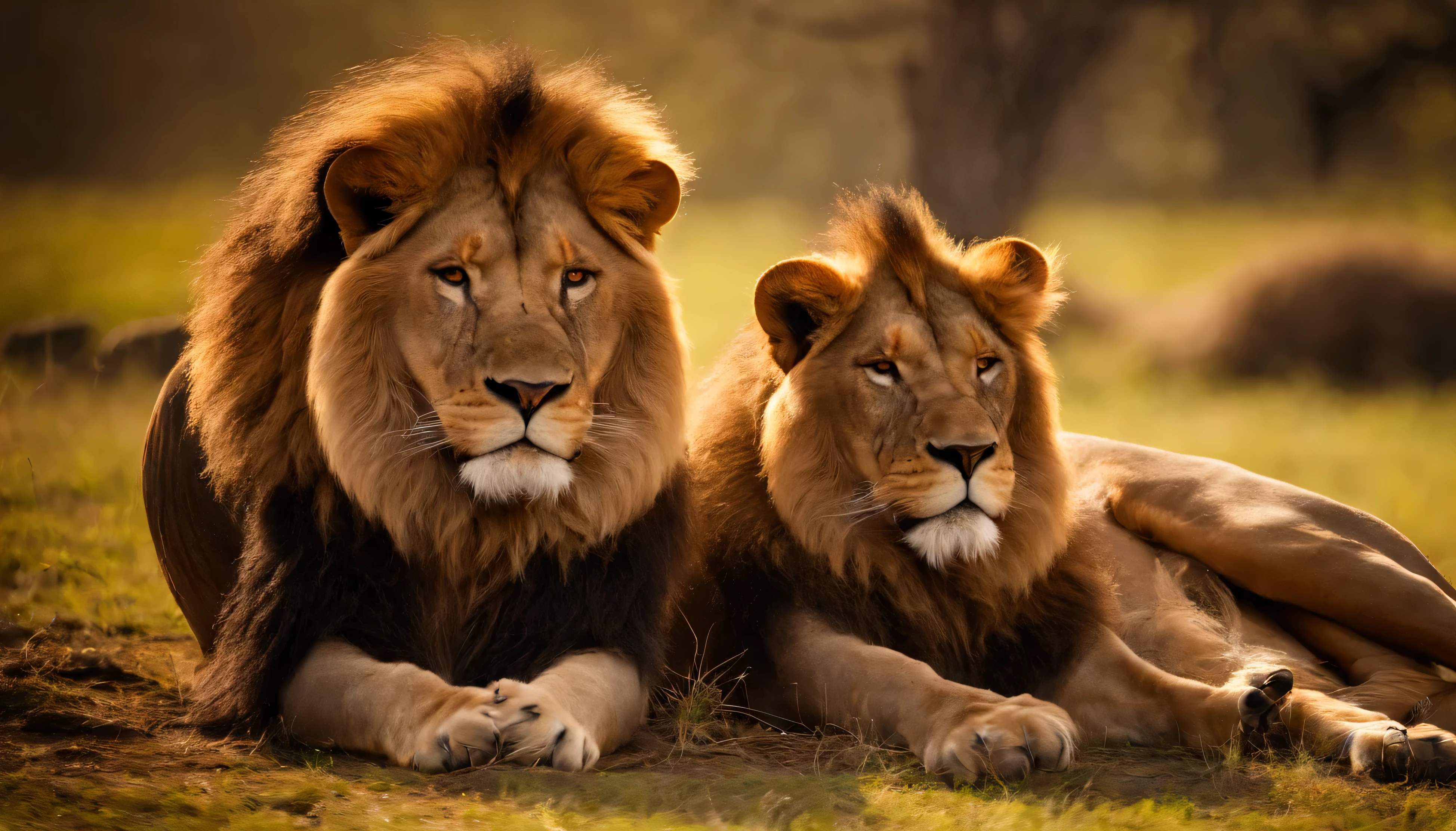 Wild animals three lion angry, big eyes, opening mouth close up