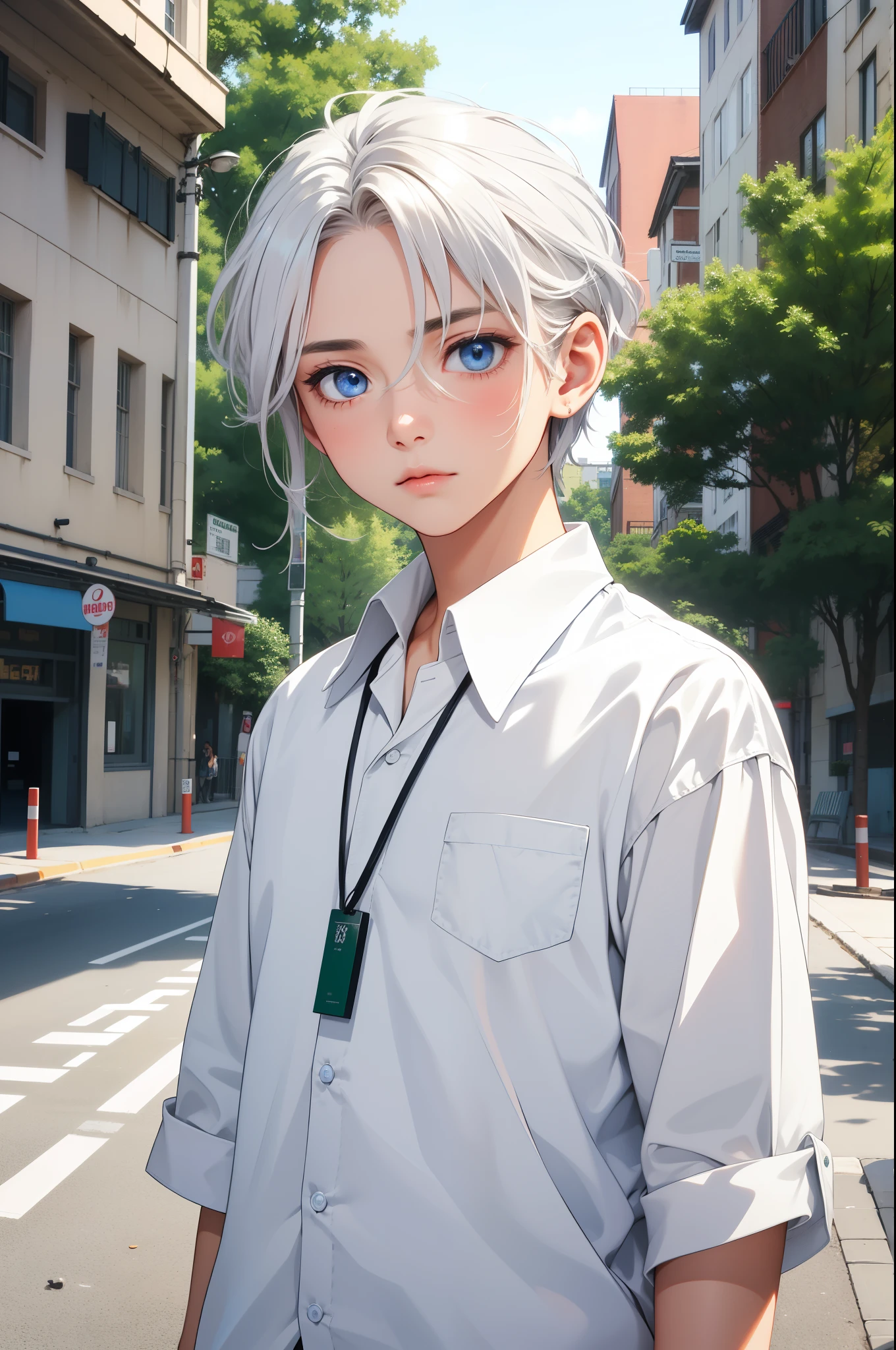 a really cute boy, , shiny heavenly blue eyes, white lush hair, slightly tanned skin, in a school attire, green pendent, plain adorable look, looking at viewer, street in background