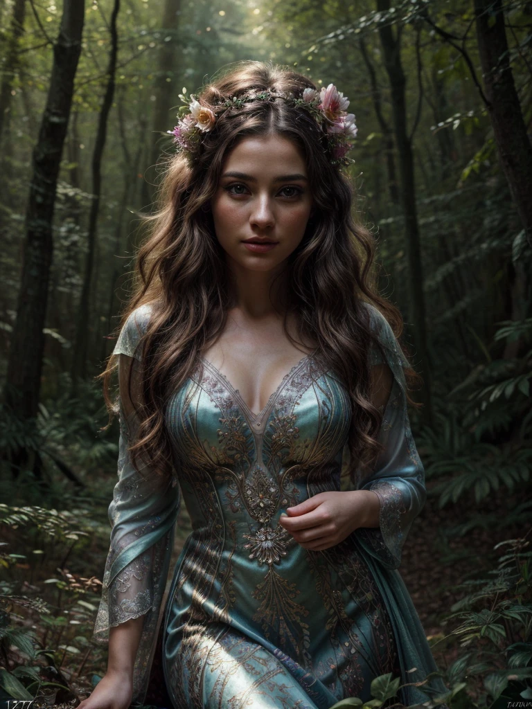 a fairy in a magical forest, beautiful detailed eyes, beautiful detailed lips, extremely detailed eyes and face, long eyelashes, ethereal, glowing skin, intricate dress, flowing hair, fantasy, colorful magical flowers, ancient trees, mystical mushrooms, soft lighting, warm color palette, (best quality,4k,8k,highres,masterpiece:1.2),ultra-detailed,(realistic,photorealistic,photo-realistic:1.37),cinematic composition,dramatic lighting,fantasy art