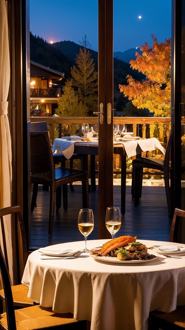 Top quality, High resolution, Dinner scene at a mountain villa, Autumn evening, Beautiful autumn leaves outside the window, Dinner for two prepared by the window, Red wine poured into a wine glass