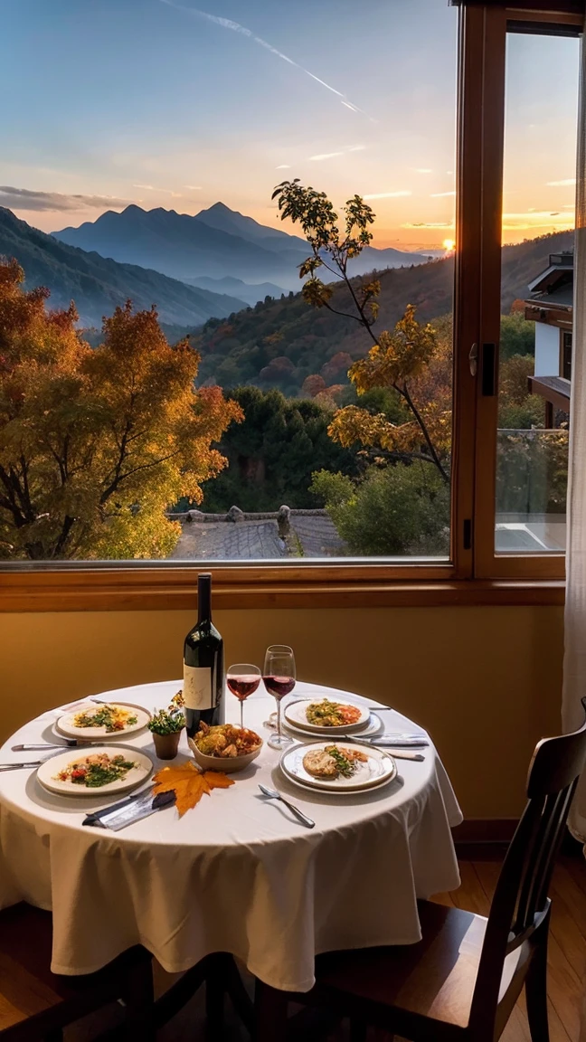 Top quality, High resolution, Dinner scene at a mountain villa, Autumn evening, Beautiful autumn leaves outside the window, Dinner for two prepared by the window, Red wine poured into a wine glass