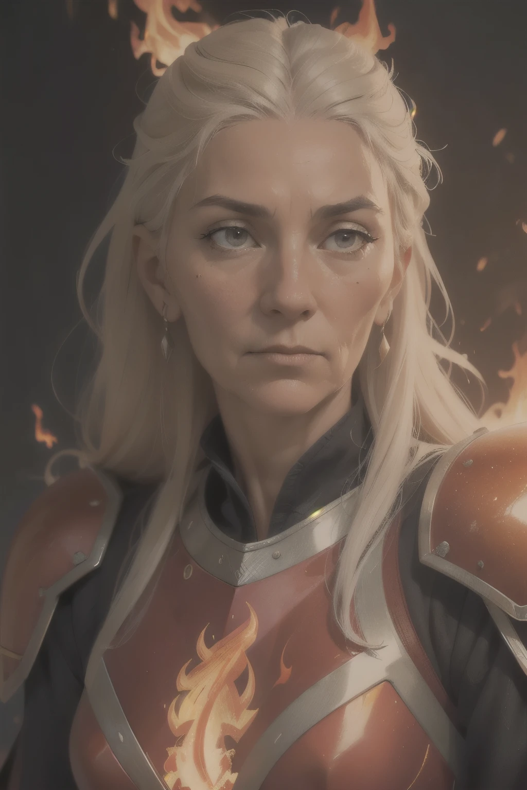 (((Cinematic heavy metal poster))) of Rhaenys Targaryen, (((old woman, 60 years old))) , wearing a red armor, Gothic style,  (a detailed RAW photo ), (master part:1.0), (best quality:1.4), (Ultra Highres:1.2), (photorealistic:1.4), 8K resolution, Canon EOS R5, 50 millimeters, Absurd, Ultra Detailed, sharp focus, Cinematic lighting, detailed face,  (ULZZANG-6500-V1.1), detailed skin texture, pale skin, chest round, (pale :0.5), Cinematic lighting. (((Abstract flames background)))