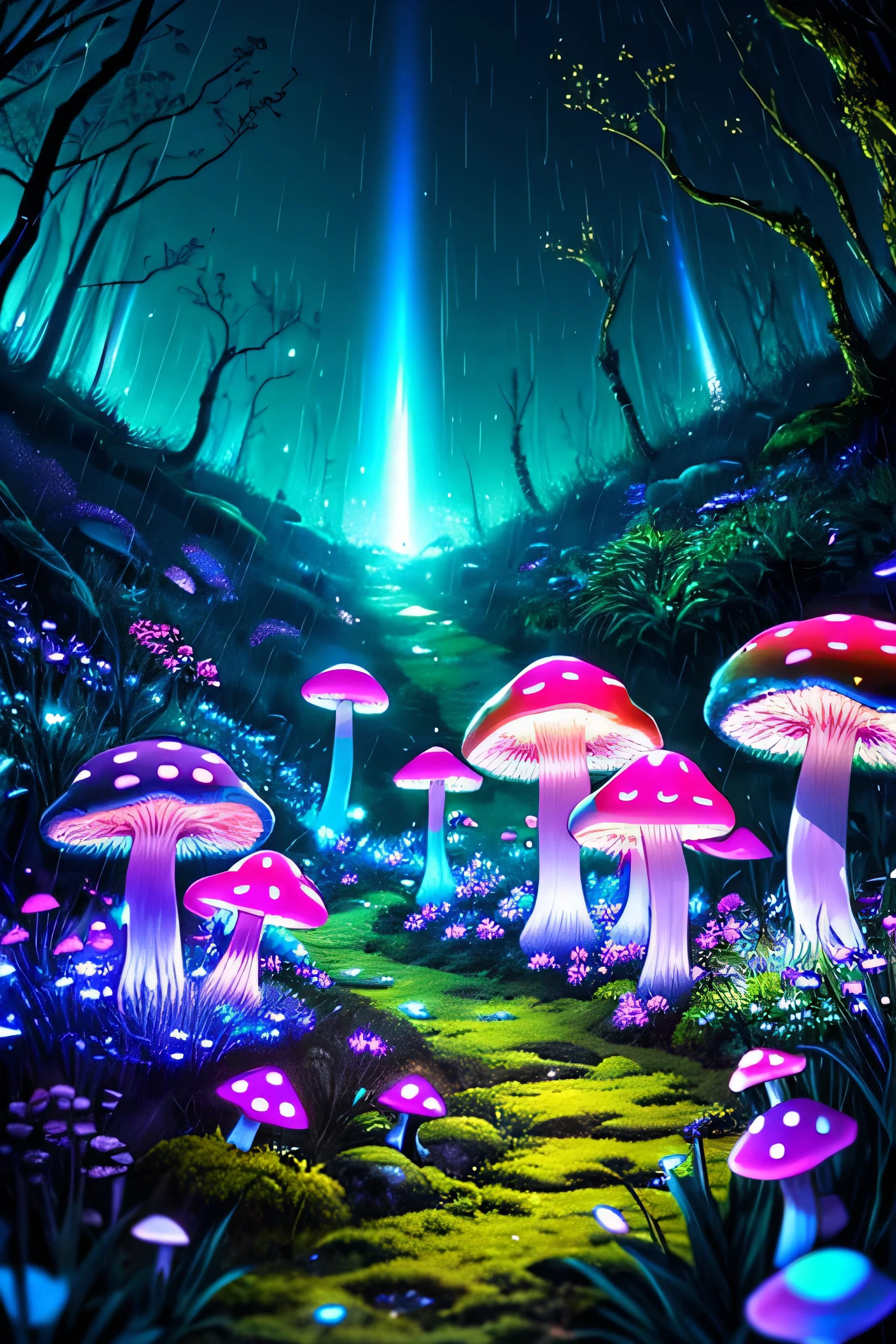 (Very detailed:1.2),(highest quality:1.2),8k,Sharp focus, (Scattered beneath the surface of the water:1.1)、rain、rain、rain、Forest road、(Forest roadが長く続いている)、(Glowing magical bioluminescent mushrooms:1.2),Psychedelic magic particles in the air, (neon bioluminescent mushroom forest at night:1.2), (magic firefly:1.2) (Very detailed trees、Rocks and moss:1.2), (Very detailed background:1.3), roleplaying game, Eldon Ring Style, (Fantasy:1.3),(Surreal:1.1), (((night))), Cinema Lighting, Very detailed, Art Station,Smooth, Sharp focus, Types of bacteria, Greg Rutkoski, Edited selection, trending on Art Station, Trending on deviantart, Knock me out, (By comparison:0.4),