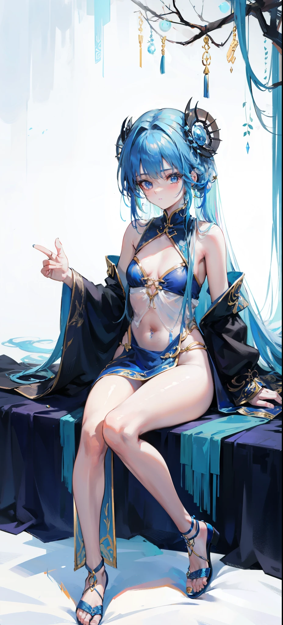 Blue long hair，Scorpion-tailed braids，Put on the clothes of the little dance of Douluo Continent，Is a beautiful and sweet girl Koser，（whole body）