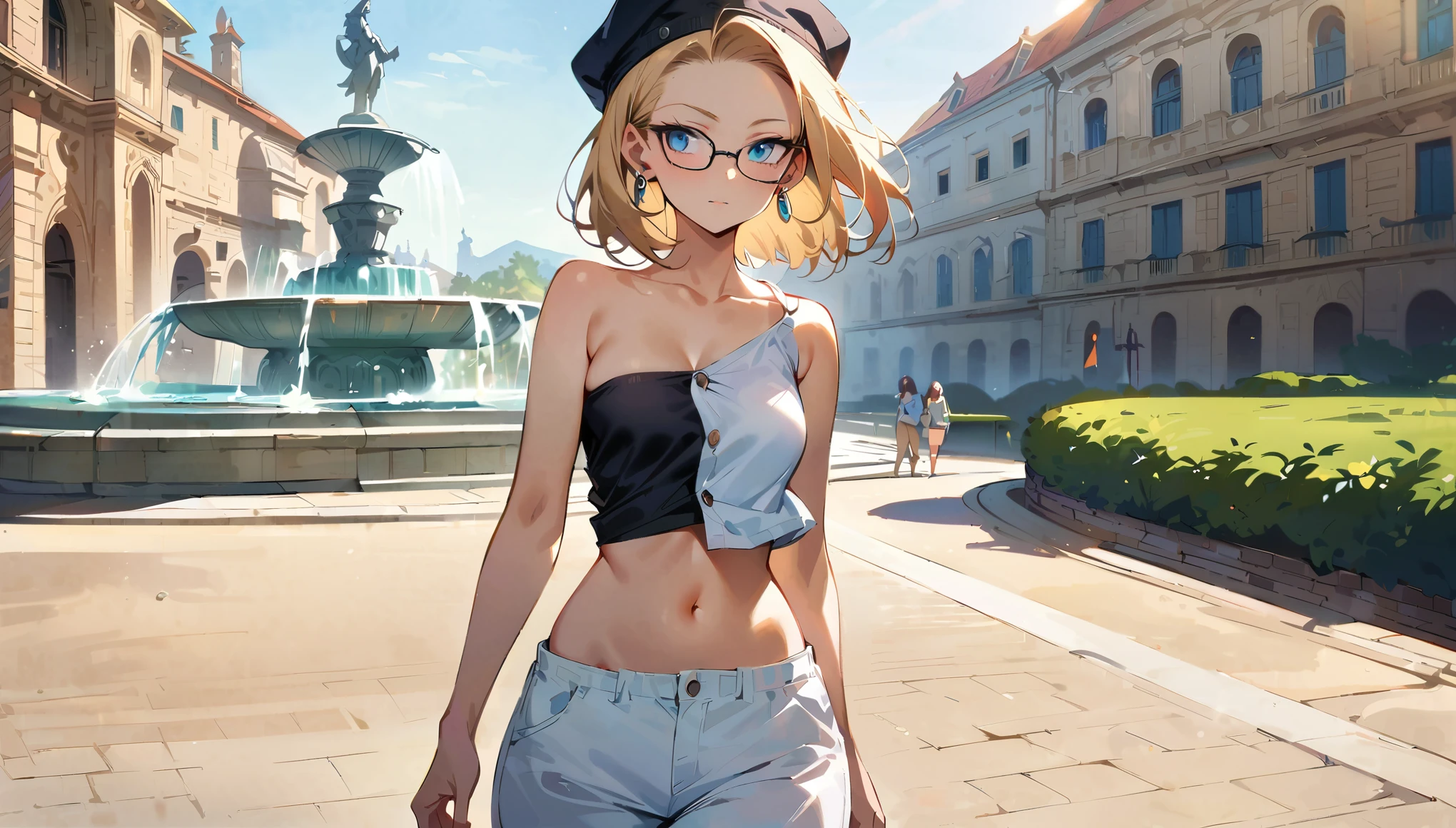 (masterpiece, best quality:1.2), close-up, solo, Android 18 from Dragon Ball, collarbone, cleavage, ((slip-on one-shoulder crop top)), (light gray top:1.2), no jacket, midriff-baring, navel, ((white baggy pants with one button undone)), skimpy thong swimsuit, small breasts, short blonde hair loose, ((blue eyes)), ((wearing glasses)), earrings on earlobes, slender feminine figure, narrow waistline, skinny body, (plane black cap), (cap without logo), beach sandals, sunlight, walking, facing the camera, blur background, Valletta's large Triton Fountain, baroque architectural style, natural lighting and shadows, female tourists wearing summer outfits are around, 4K