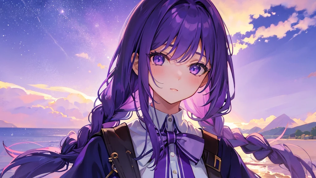 girl with purple hair, braid hair, purple eyes, purple royal school clothes, sky with star, sea, 8k resolution, detail