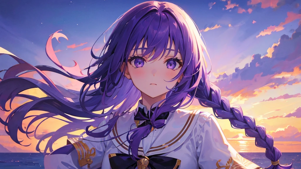 girl with purple hair, braid hair, purple eyes, purple royal school clothes, sky with star, sea, 8k resolution, detail