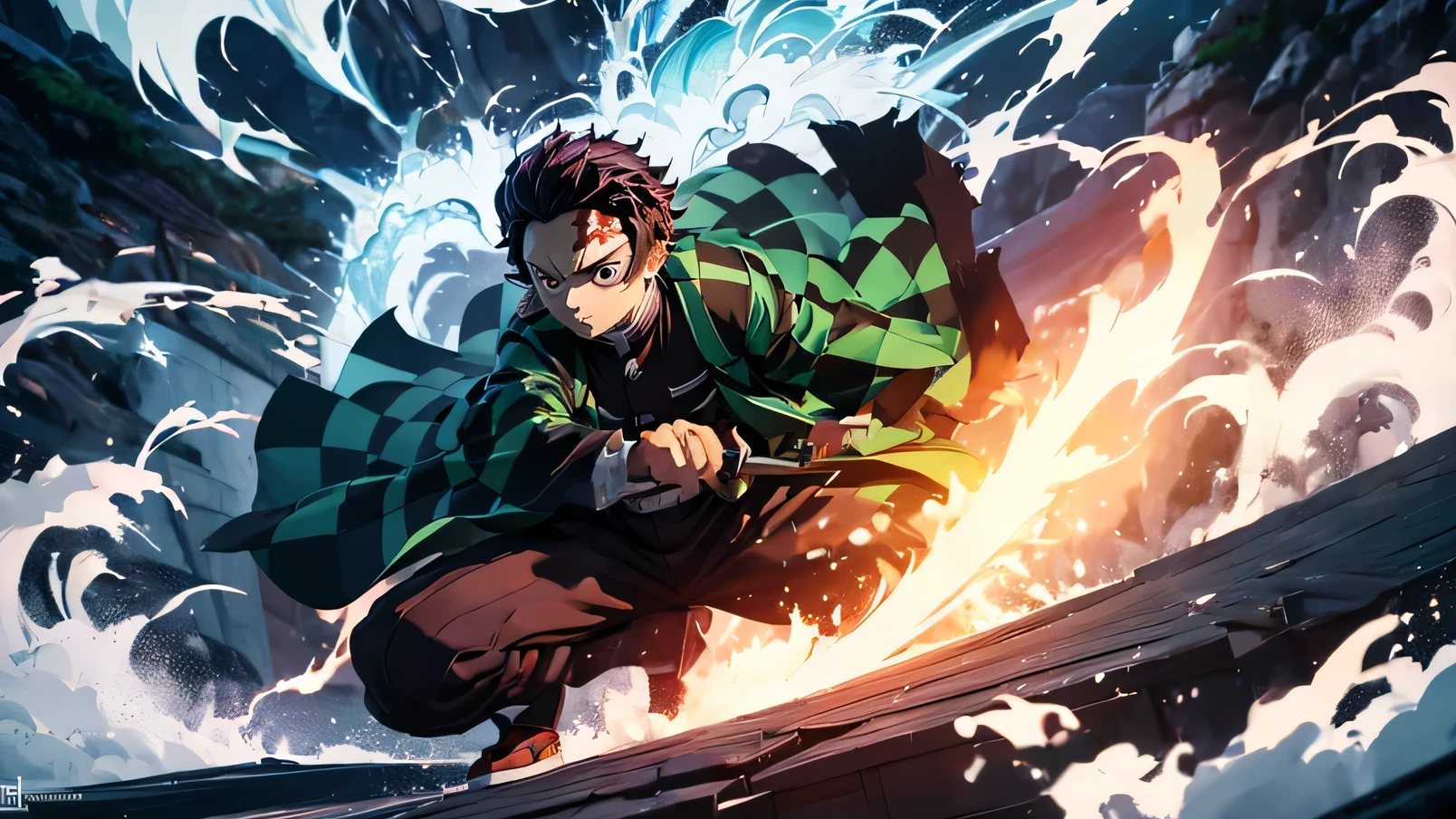 Create an illustration of Tanjiro Kamado from the anime "Demon Slayer: Kimetsu no Yaiba". He should be depicted in his standard demon slayer outfit, which includes a green and black checkered haori (jacket) over a black uniform. His hair is dark and slightly wavy, with a distinct scar on his forehead. He should be holding his Nichirin Blade with both hands, positioned as if he is ready to attack or defend. The blade should have a black edge with a red handle. Tanjiro's expression should be determined and focused, reflecting his dedication to fighting demons and protecting his loved ones. The pose should show him in a dynamic stance, with one foot forward and the other back, knees slightly bent, and his body turned slightly to the side. His arms should be extended forward, holding the sword in a defensive or attacking posture, giving a sense of movement and readiness. The background should be a simple, natural setting, such as a forest or a mountain range. Make sure to include his Hanafuda earrings, which are a key characteristic of his appearance.