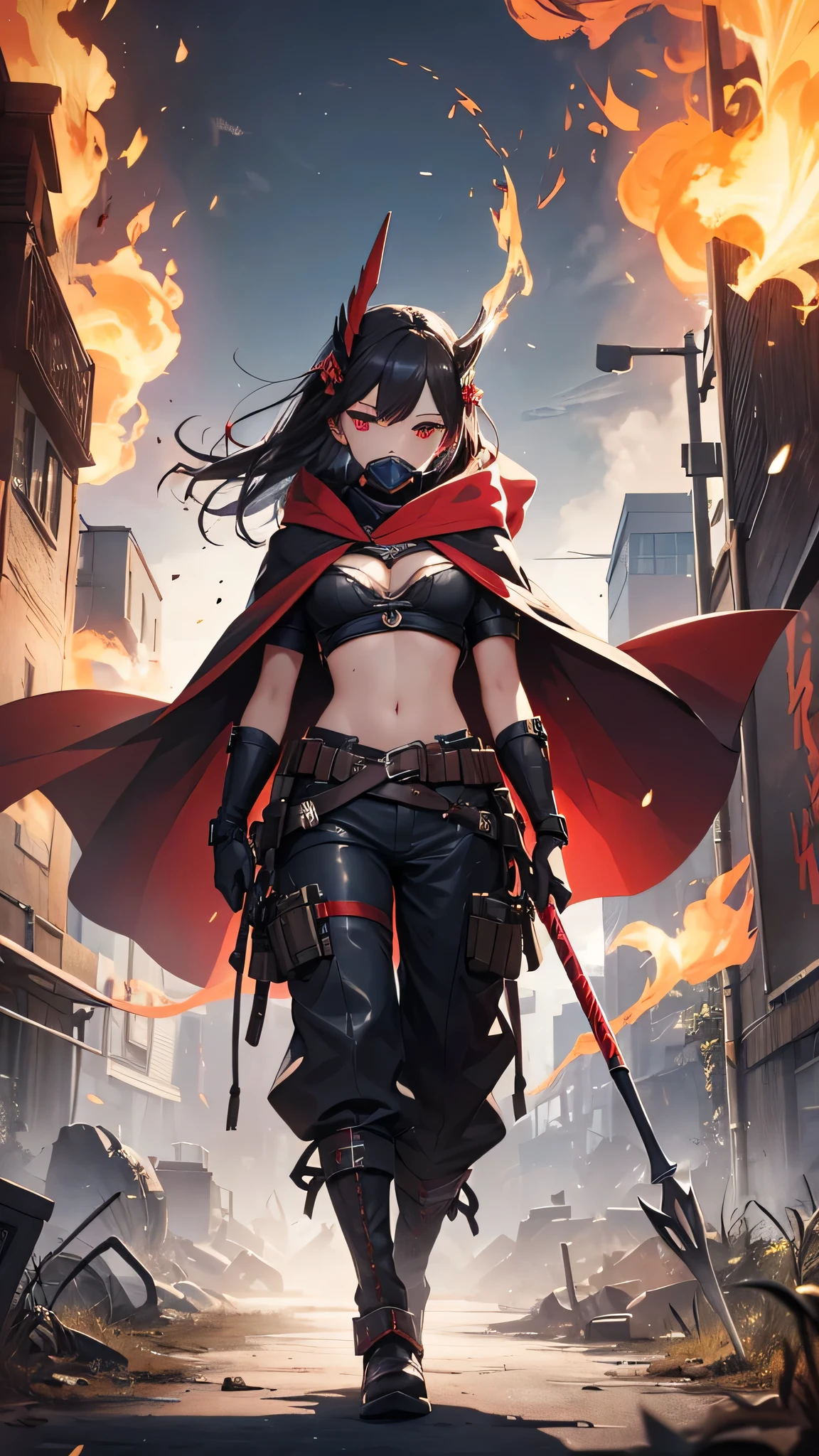 Highest quality、Highest quality、Masterpiece、girl((Metal body,Age 25、as soon as、Highest Bust、Medium Bust、Wide open chest、Red glowing eyes、Black Ear、Red Mesh、Disheveled Hair、Loincloth、thin、The best valley、Open chest、Red Cape、hair ornaments、Full body view、gas mask、Black hoodie、Black trousers、Holding a spear knife))、high quality、Beautiful Art、background((fog、cigarette、smoke、Red smoke、military base、Cigarette curtain、Explosive Flame))、flight、Flying Debris、Depth of text、movie、Visual Arts、Perfect Art、8K、Genuine、Special Angles