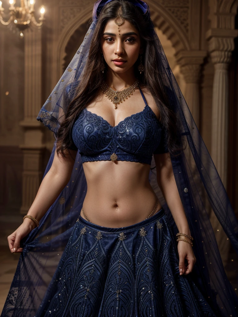 4K, UHD, masterpeice, 1 girl, good face, detailed eyes, detailed lips, very long hair, straight hair, very long hair, beautiful hair, hair ornaments, hairband, gradient hair, ((indigo lehenga)), ((bridal lehenga)), ((decorated blouse)), sardine, ((jwellery on lehenga)), ((indigo lace)), ((diamond bracelet)), ((pendant)), ornaments, necklace, earring, high lighting, ((bare stomach)), wedding stage, fujicolor, depth of field, ray tracing, ultra realistic detail,
