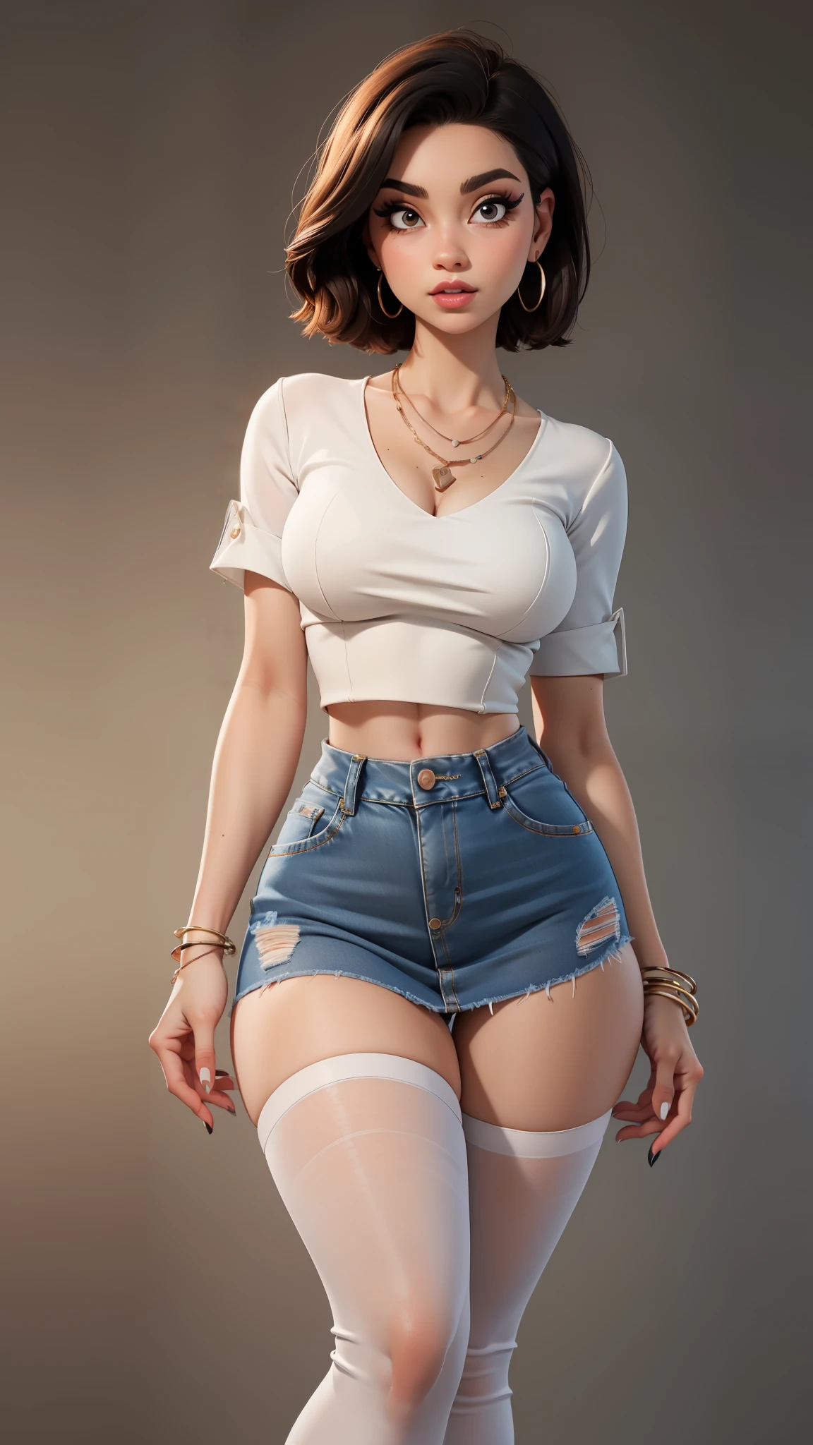 1girl,solo,(cute), makeup, (short hair),bracelet,earrings, necklaces , (high quality), (best quality), sharp focus:1.2, ((masterpiece)), 

curvy body,perfect dark mascara,narrow waist, narrow hips, narrow body

(White blouse, cropped denim skirt), (black thigh highs), (cowboy shot)