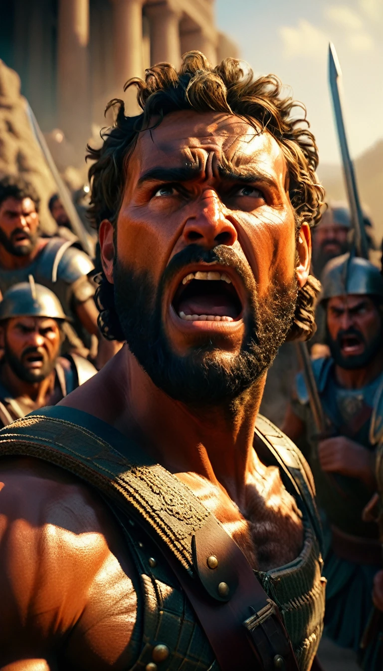 David fighting with the giant Goliath and the Philistine soldiers looking scared, detailed face, detailed face expressions, natural face expressions, face in detail, asymmetrical faced, fair and smooth skin, detailed hands, detailed fingers, masterpiece, cinematic lighting, physically based rendering, lens flare, award winning rendering, perfect rendering detail, 8K, realism, detailed background, everything in detail, cinematic shot, dynamic lighting, 75mm, Technicolor, Panavision, cinemascope, fine details, 8k, HDR, realism, realistic, key visual, film still, superb cinematic color grading, depth of field,