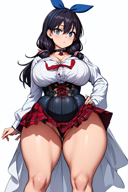 One Girl,Precise five fingers、{Knee-high socks}、(((Wide ????)))、 (((plump and thick thighs)))、((Big ???))、(???????????) Embarrassed look,Short Stack、whole body、???? pose。blue eyes、Black Hair、quite long hair、Hair between the eyes、Hair Ribbon、Hello、choker、Idol Costumes、Sailor collar、Included sleeve、corset、Pleated skirt、Frilled Skirt