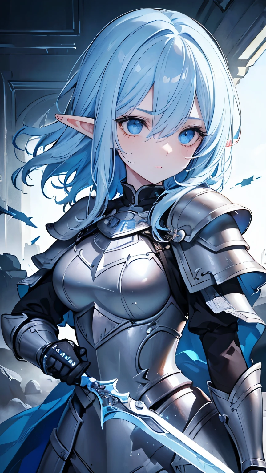 ((best quality)), ((masterpiece)), (detailed), perfect face, perfect detailed eyes, perfect detailed face, ultra-detailed nose, light blue hair, messy hair, hair over eyes, medium hair, forehead mark, pointy ears, cinematic lighting, chiaroscuro, elf, Female Knight, Elf Hero, (Wearing iron armor, Hold a dagger in right hand), cowboy shot