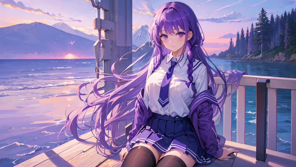 girl with purple hair, braid hair, purple eyes, purple royal school clothes, school, white stockings, sky with star, sea, 8k resolution, detail