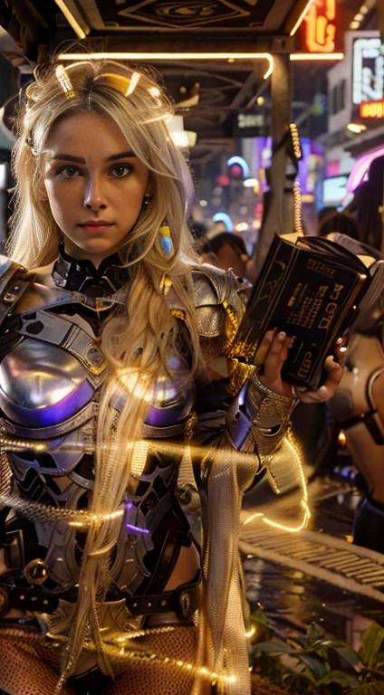 (Photorealistic:1.4) 1 beautiful girl, (cyberpunk silver armour technological with blue neon decourations), ((blonde straight hairs)), ultra beautiful cute, perfect, with a book that emits purple lightnings, 12k, UHD, PHOTOREALISTIC, ULTRA REALISTIC, raw photo, insane details, masterpiece, ((babe gorgeous the most beautiful in the world))