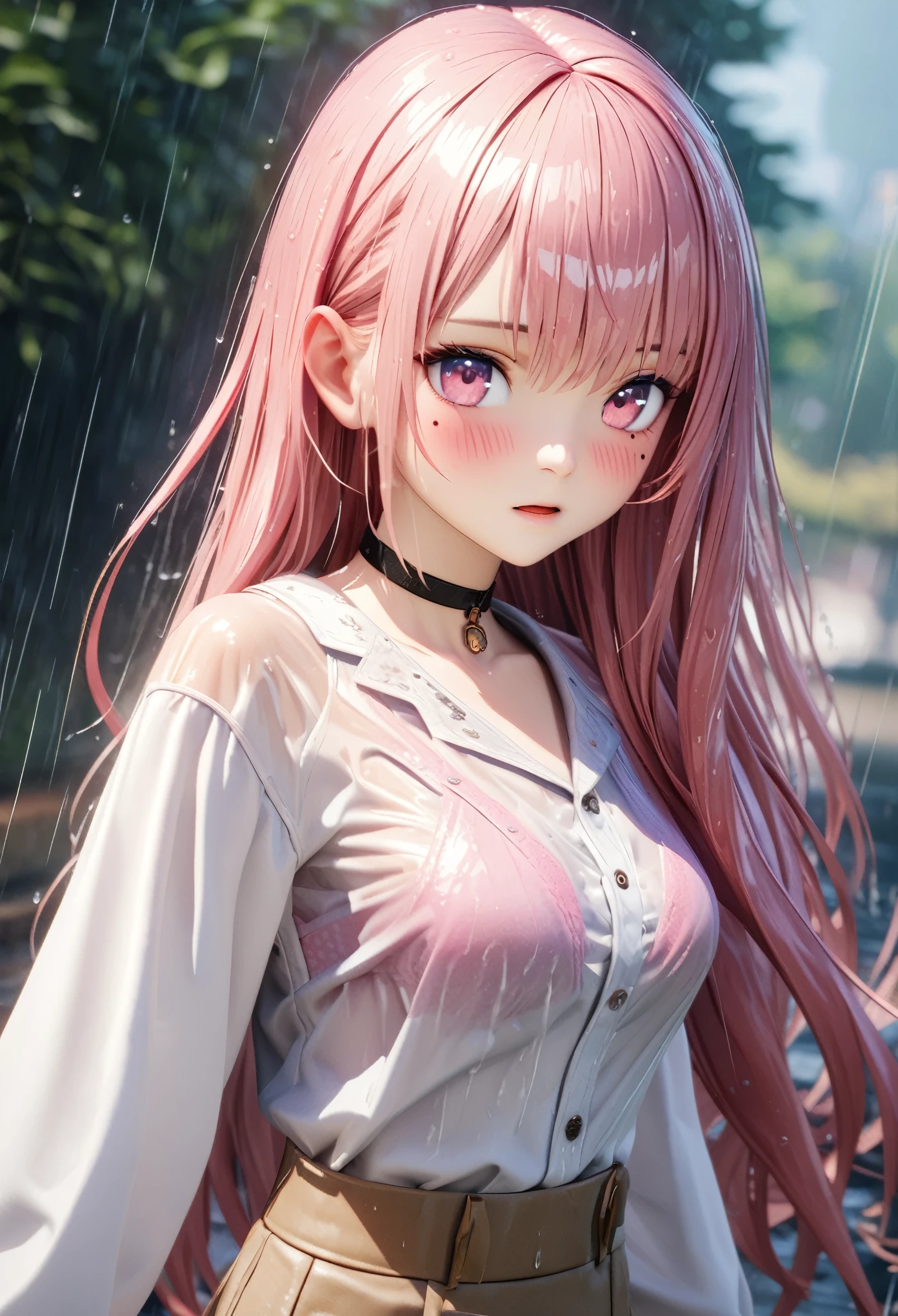 masterpiece, best quality, very detailed, high resolution, expensive resolution, high resolution, 4K, 8k, Unity 8k wallpaper, highly detailed CG, masterpiece, 2D, 3D, beautiful details, depth, fine texture, best quality: 1.3, perfect focus, crisp skin, him,
very cute anime girl, (bra showing through white blouse soaked in pouring rain), large breasts, expensive pink medium long hair, one girl, rain, (raindrops dripping from soaked hair, bra showing through thin blouse soaked in rain), mole under eye, looking at viewer, expensive, blush, mole, open lips, heart, pink eyes, choker