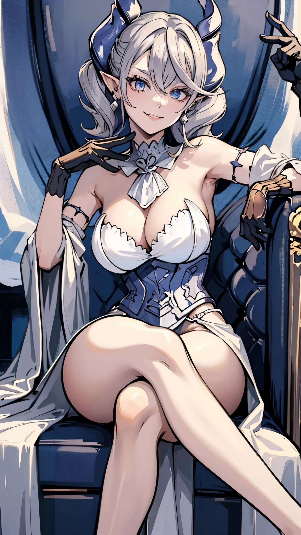 Yellow Throne sofa High level image quality best image quality 8K adult woman whole body view portrait pure red long gloves(elbow gloves) red long dress(slit)white horn ears short hair((shortcut)(gray hair)(perm)(fluffy)) eye color is blue attractive evil face , face detail , smile , sexy pose , labrynth , erotic sitting styles , crossed leg in detailed, view all body from side , face focus , view legs
