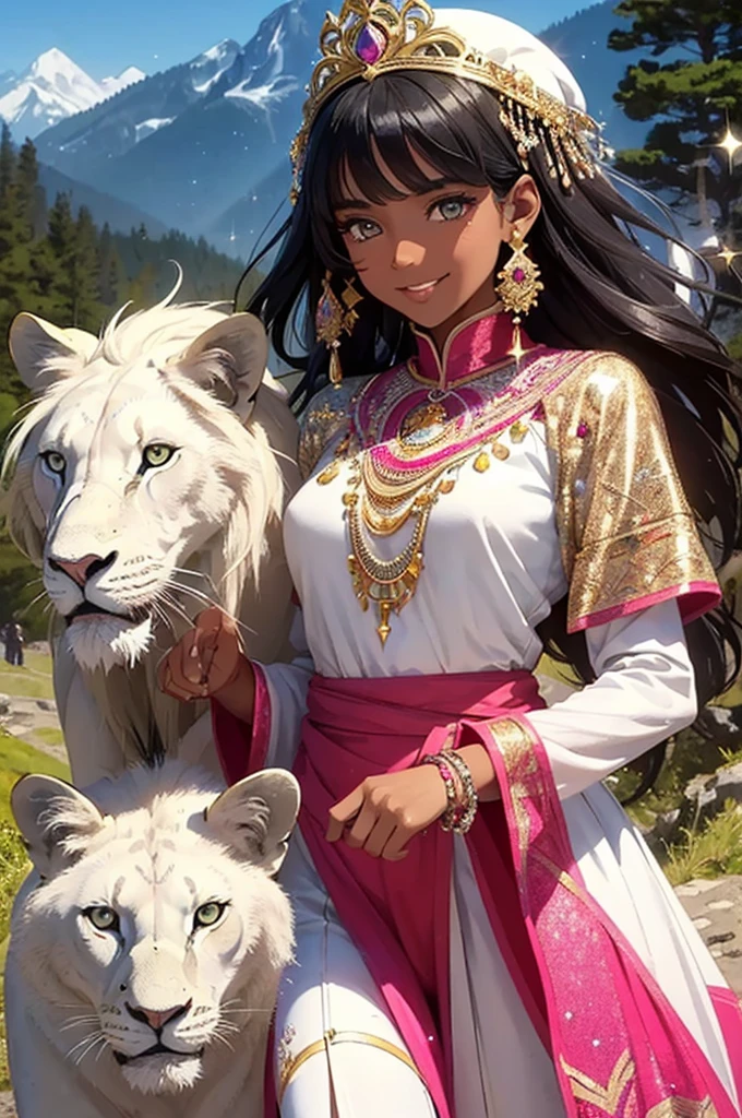 popart,flat color,(masterpiece, best quality,ultra-detailed:1.2) ,Girl playing with a white lion,tanned dark skin,black hair,(beautiful detailed face),indian princess pink clothes,In mountains,Enjoy a stroll,wind effects,(sparkle:1.4) ,dynamic angle,very happy,smile,beautiful lighting, photographic portrait, sharp