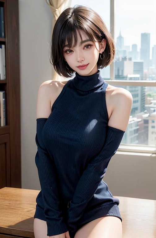 ((Top quality、Top image quality、Ultra HD、以Ultra HD分辨率绘制、solo、Look directly into the camera))、1 girl、Realist、Depth of Field、Natural soft lighting、daytime、Enchanting、Beautiful face、cleanliness、Pure face、White skin、Kawaii、short hair、beach、Sunlight、Medium breasts、whole body、((Dark blue sweater、Golden ratio beauty face))、Long Neck、Stretch out your ears、Clean and neat short bangs bob hairstyle、shut up,smile very happily、Perfect hands指、Perfect hands、Perfect body、face perfect、shine light into eyes、Perfect anatomical structure、Tall supermodel、Long-legged supermodel、Supermodel with a Long Neck、Shoulders are wider、Your arms should be lowered to your sides.、Standing、Cowboy shooting、Bright windowsill background、smile at the audience、Beautiful Teeth、Beautiful Teeth alignment、Open-minded、Beautiful breasts、Wet hair、Moist skin、Wet sweater、earrings, Red Eyes, White short top、Not worn、Not worn