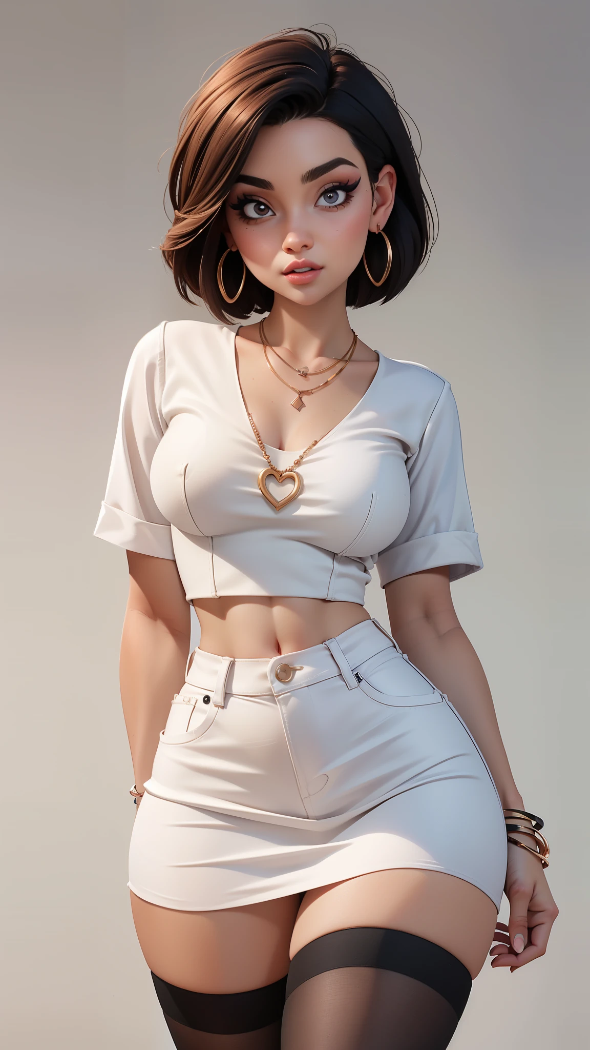 1girl,solo,(cute), makeup, (short hair),bracelet,earrings, necklaces , (high quality), (best quality), sharp focus:1.2, ((masterpiece)),
curvy body,perfect dark mascara,narrow waist, narrow hips, narrow body
(White blouse, cropped denim skirt), (black thigh highs), (cowboy shot)