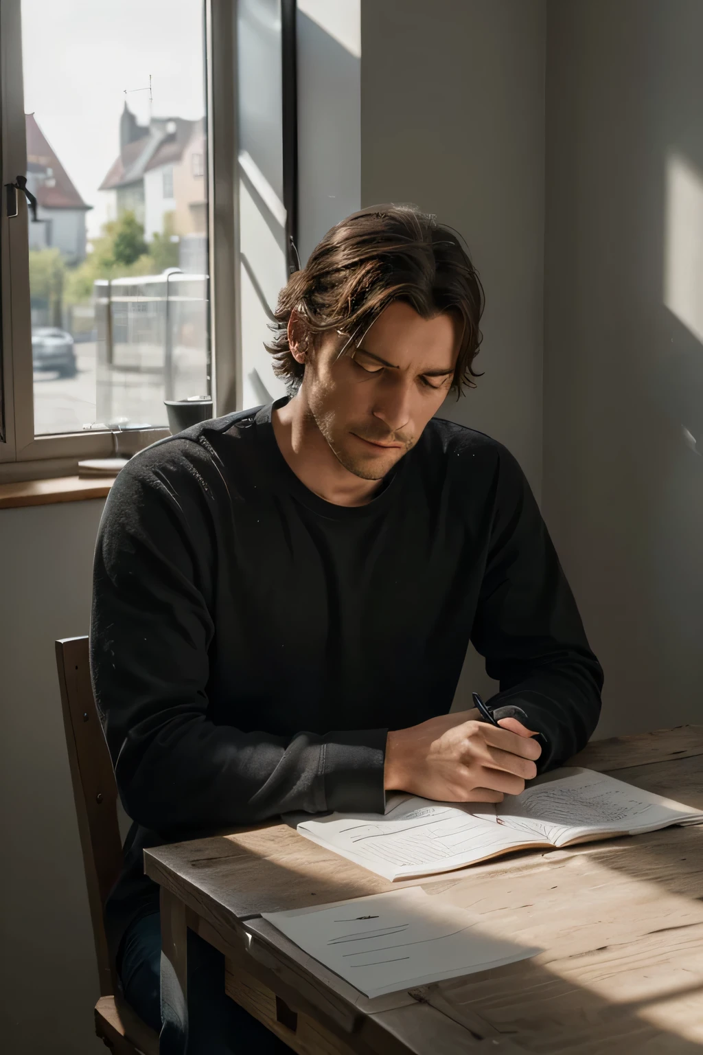 A hyper-realistic image of a male craftsman, der frustriert auf seinen Kalender schaut. The craftsman wears worn work clothes, his face shows deep worry lines and exhaustion. Um ihn herum liegen Werkzeuge und unvollendete Projekte verstreut. Der Hintergrund zeigt eine chaotische Werkstatt mit Regalen voller Materialien und durcheinander geworfenen Arbeitsstationen. Bright daylight falls through a window, highlighting the disorder and tense atmosphere. Die Szene ist detailliert, with natural colours and strong light-shadow contrast. --ar 16:9 --quality high