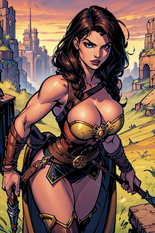 (masterpiece, top quality, best quality, official art, beautiful and aesthetic:1.2), (1girl:1.3), dark brown hair pulled back, in an untidy mane, braids, extremely detailed, portrait, looking at viewer, solo, (full body:0.6), detailed background, close up, facepaint, (warm summer desert theme:1.1), busty human barbarian queen, elegant face, long face, charlatan, smirk, mysterious, walking in savannah, revealing tribal attire, brown leather, fur lined clothes, long boots, buckles, straps, pouches, axes, tan fabric, brown leather, ((gigantic breasts, skindentation, cleavage)), toned, strong, slim waist, slim hips, long legs, muscular legs, medieval (savannah exterior:1.1) background, dark mysterious lighting, shadows, magical atmosphere, dutch angle, (comics)