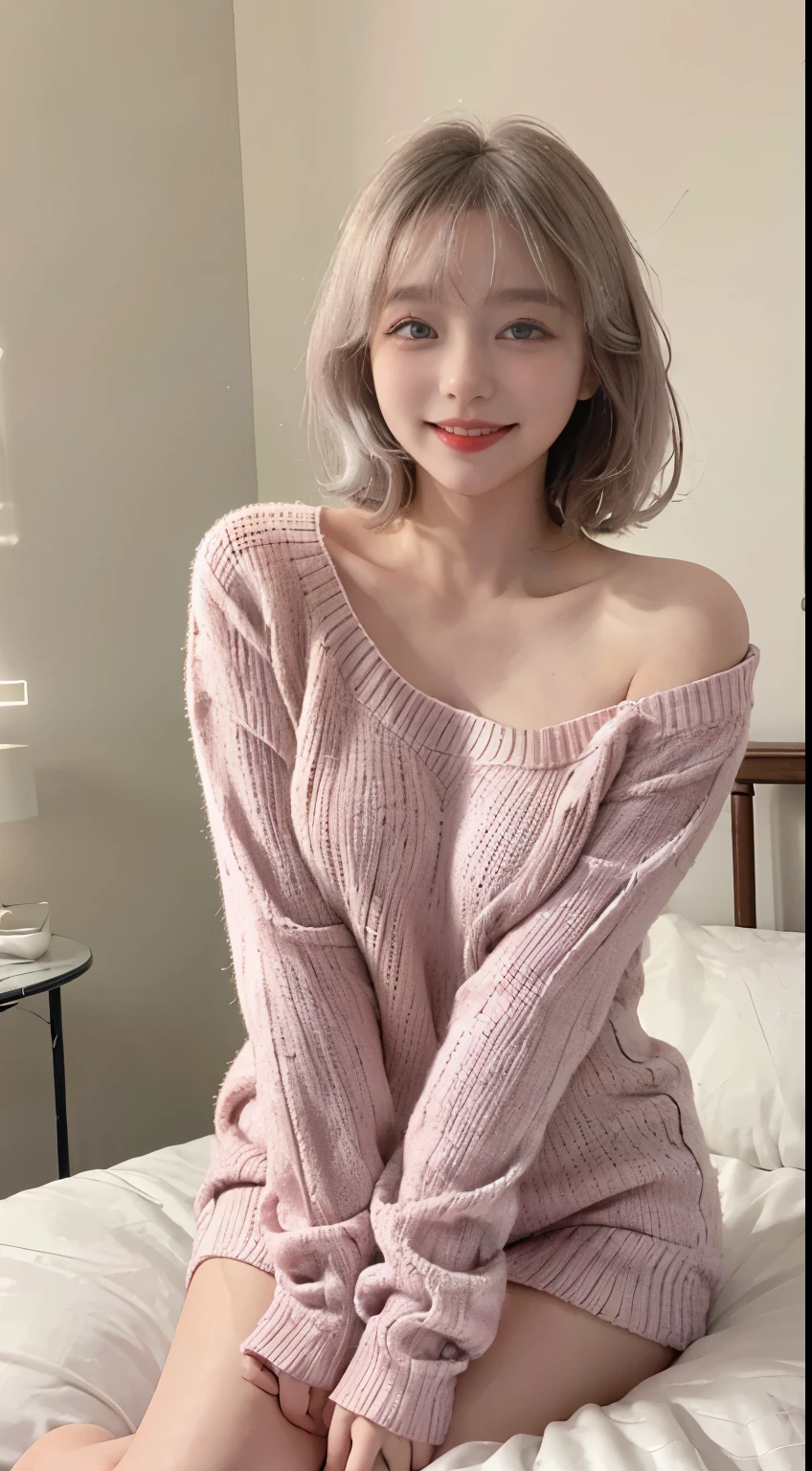 Best image quality、Raw photo、超A high resolution、21 year old Korean、、Dynamic Angle、Cowboy Shot、Chaos in its most beautiful form、elegant、Brutalist Design、Vibrant colors、Short Bob、smile、fun、smile、Glowing White Skin、Beautiful eyes with random colors、Very thin lips、Beautiful eyes in every detail、Long, narrow eyes、Pale pink blush、Long eyelashes、Beautiful double eyelids、eye shadow、Bright white hair、bed、Large sweater、setting、Cute pose、Full body shot、Full body shotする